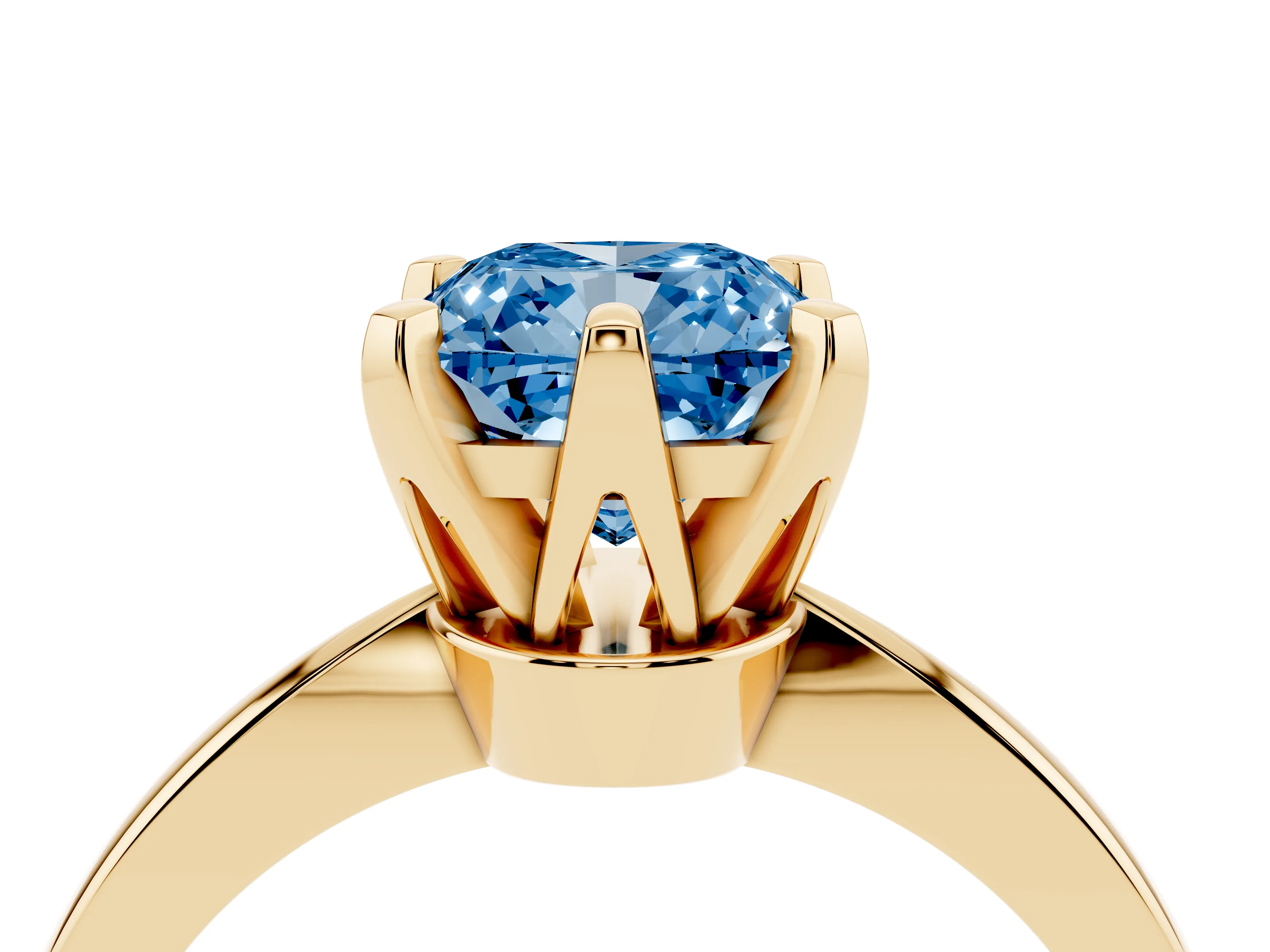 Fancy Blue Cushion Cut Diamond Solitaire Engagement Ring Set in Yellow gold with Slim Tapered Solitaire Band