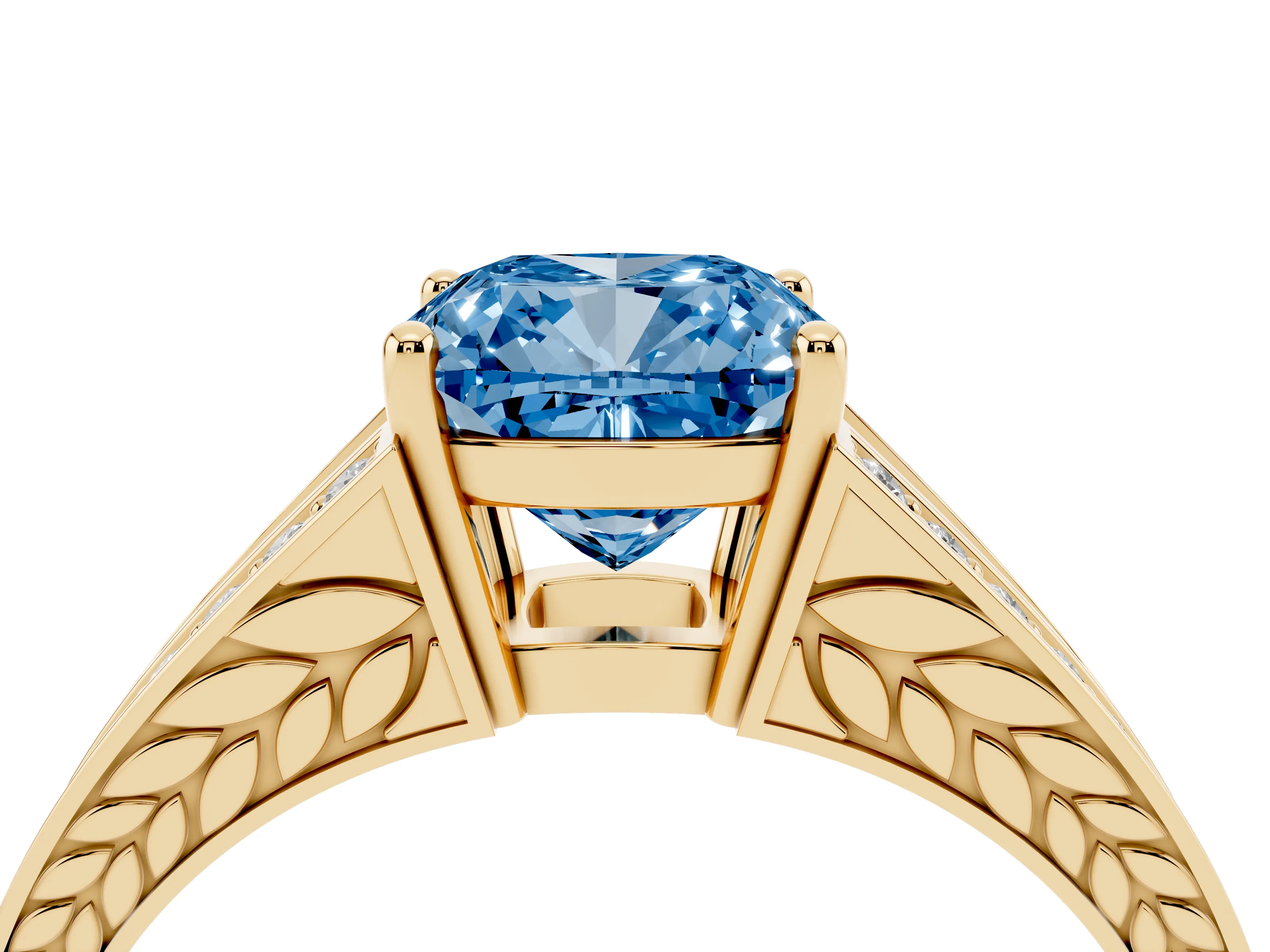 Fancy Blue Cushion Cut Diamond Split Shank Ring Set in Yellow gold with Pavé Band and Prong Setting