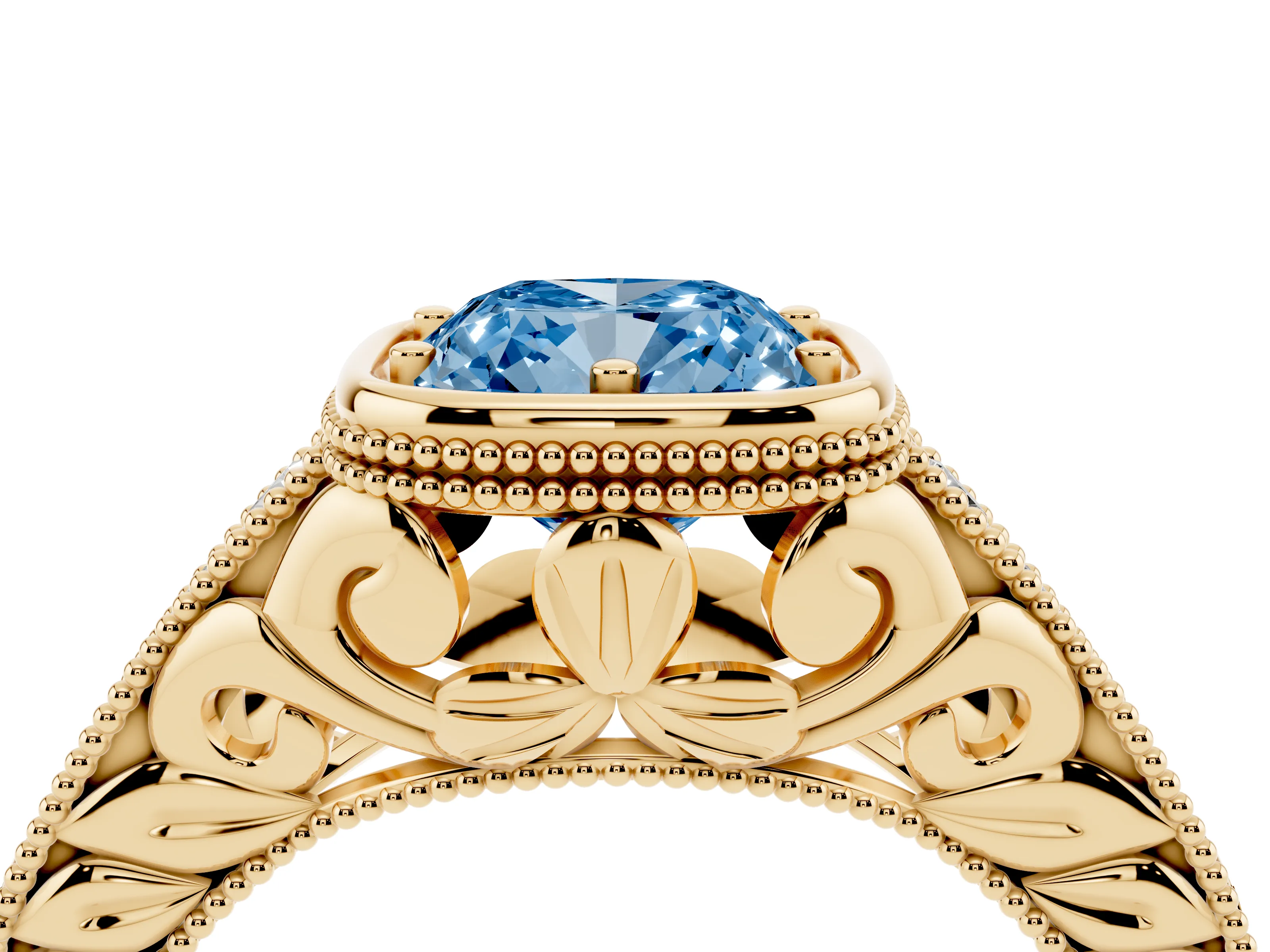 Fancy Blue Bezel Set Cushion Cut Diamond Milgrain Pavé Engagement Ring Set in Yellow gold