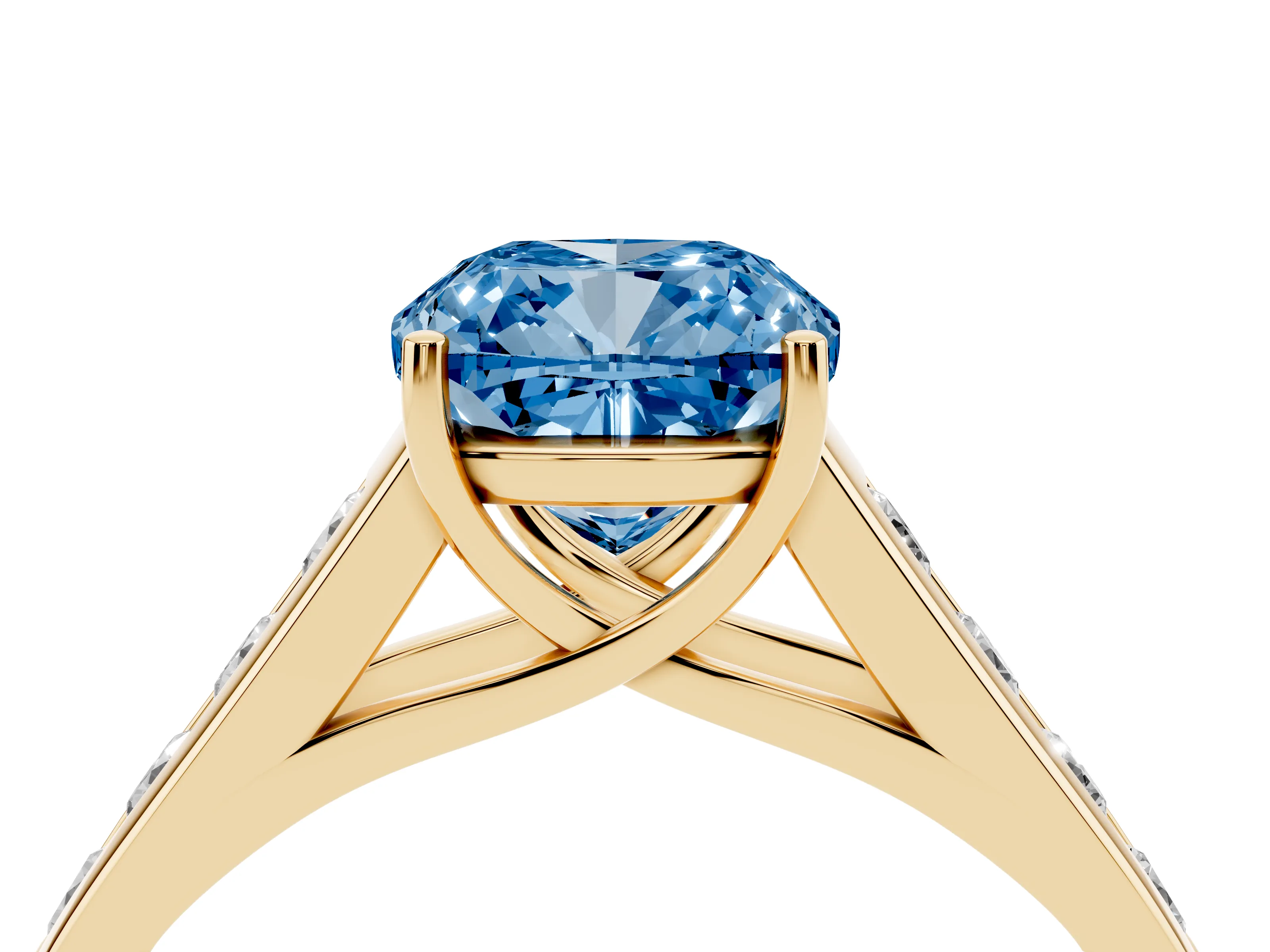 Fancy Blue Cushion Cut Diamond Brilliant Channel-Set Solitaire Ring Set in Yellow gold with Prong Setting