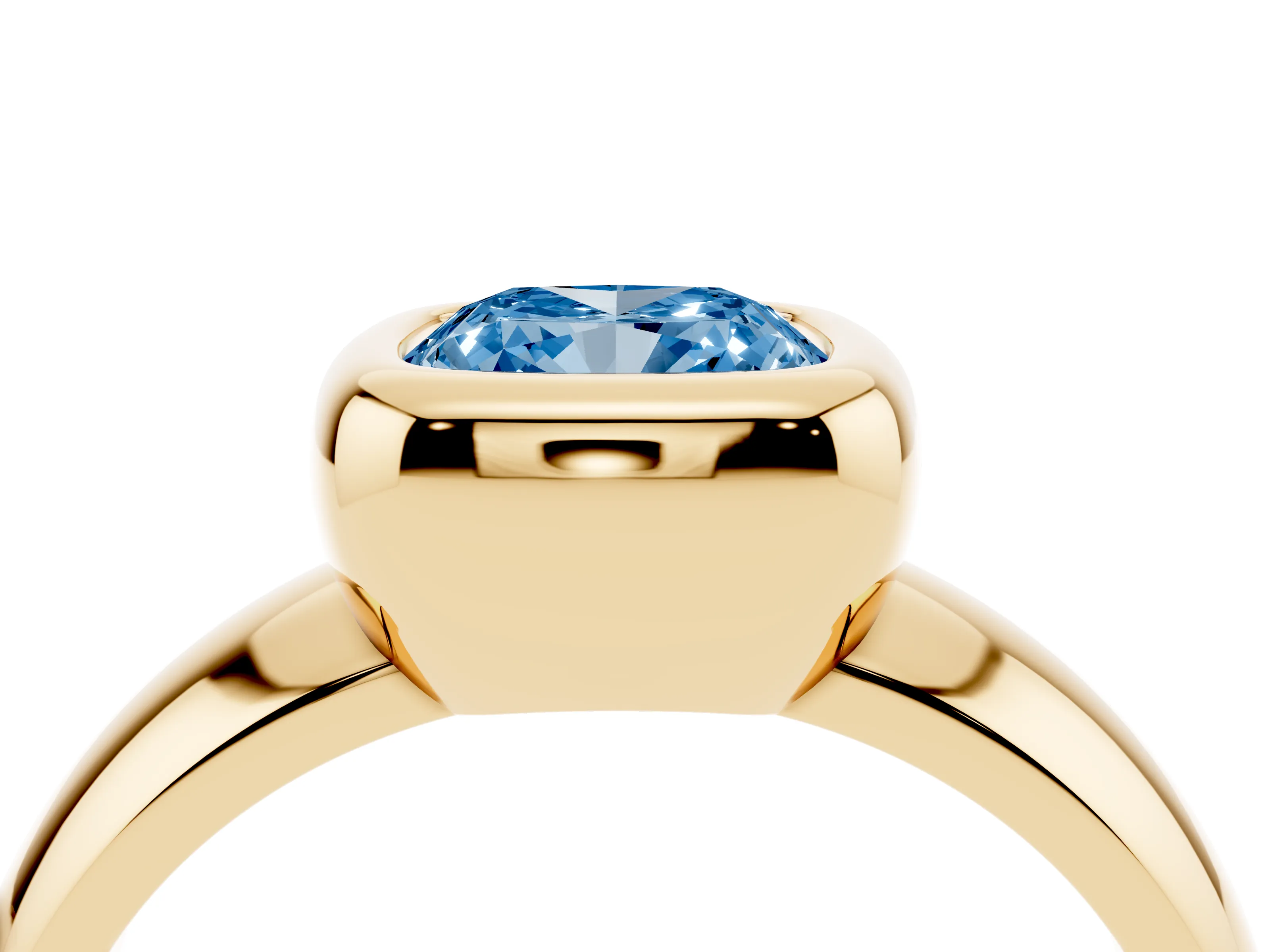 Fancy Blue Bezel Set Cushion Cut Diamond Solitaire Ring Set in Yellow gold with Wide Band