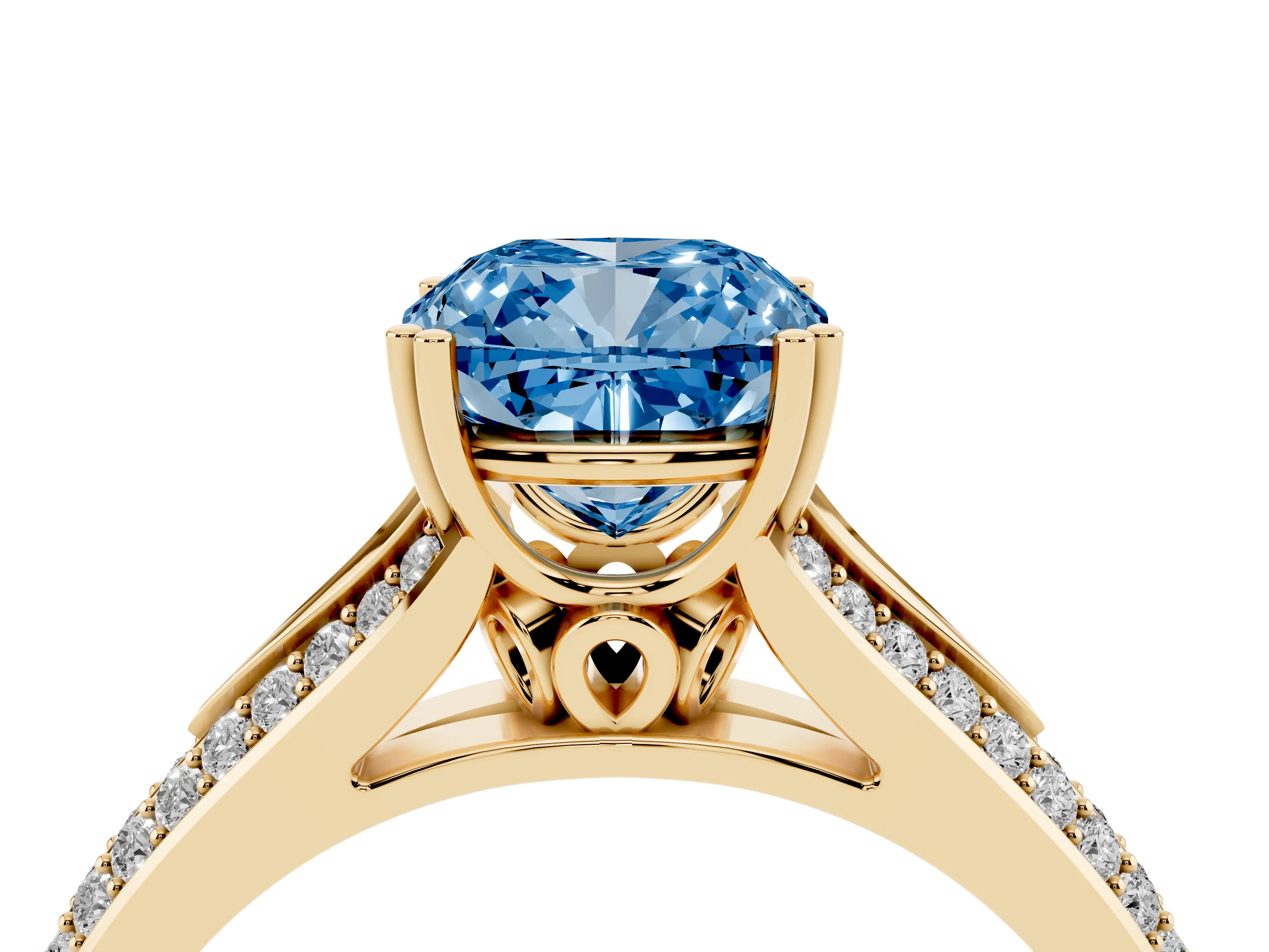 Fancy Blue Cushion Cut Diamond Split Shank Pavé Engagement Ring Set in Yellow gold with Prong-Set Center Stone