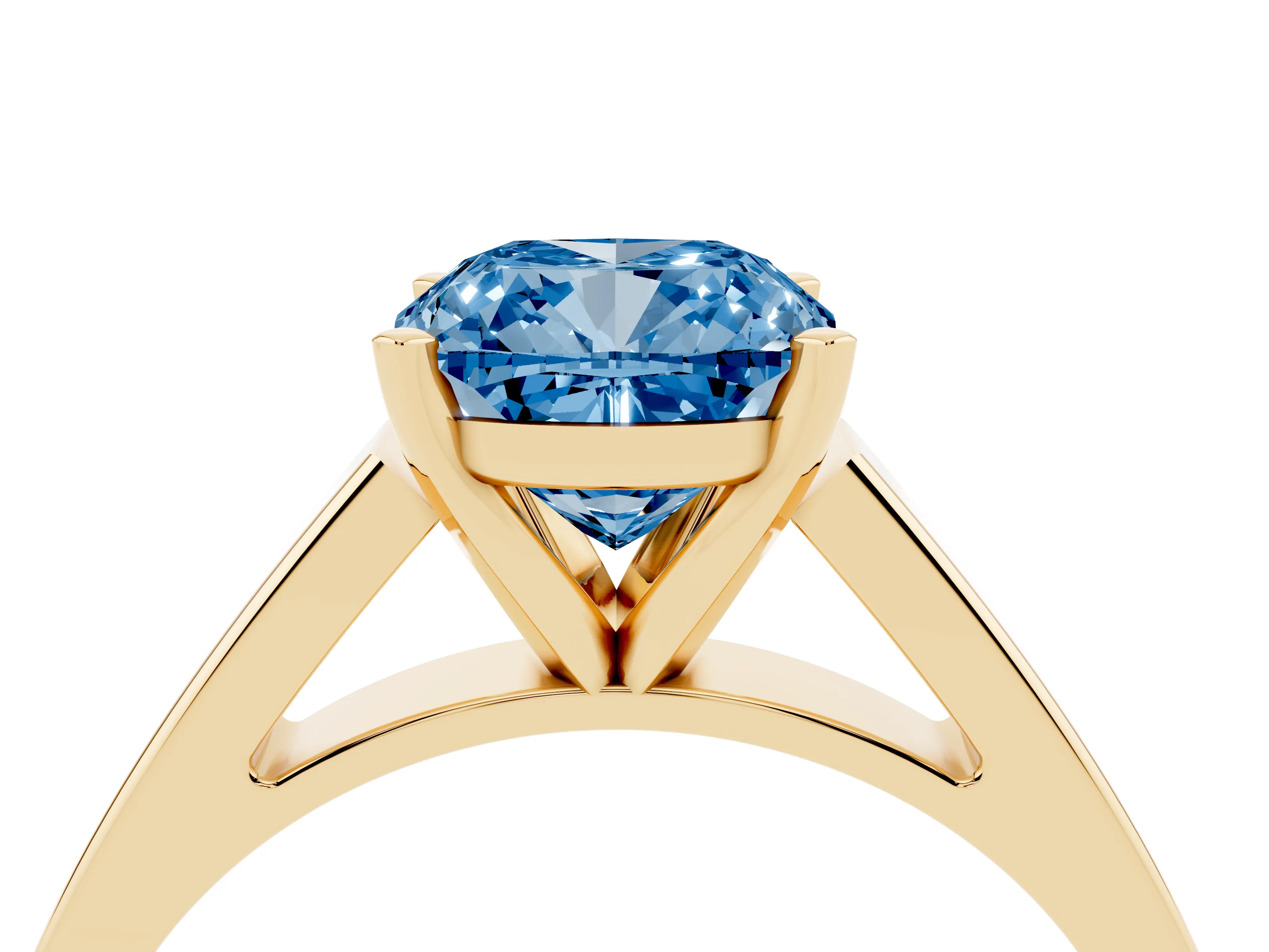 Fancy Blue Cushion Cut Diamond Solitaire Engagement Ring Set in Yellow gold with Prong Setting and Tapered Band