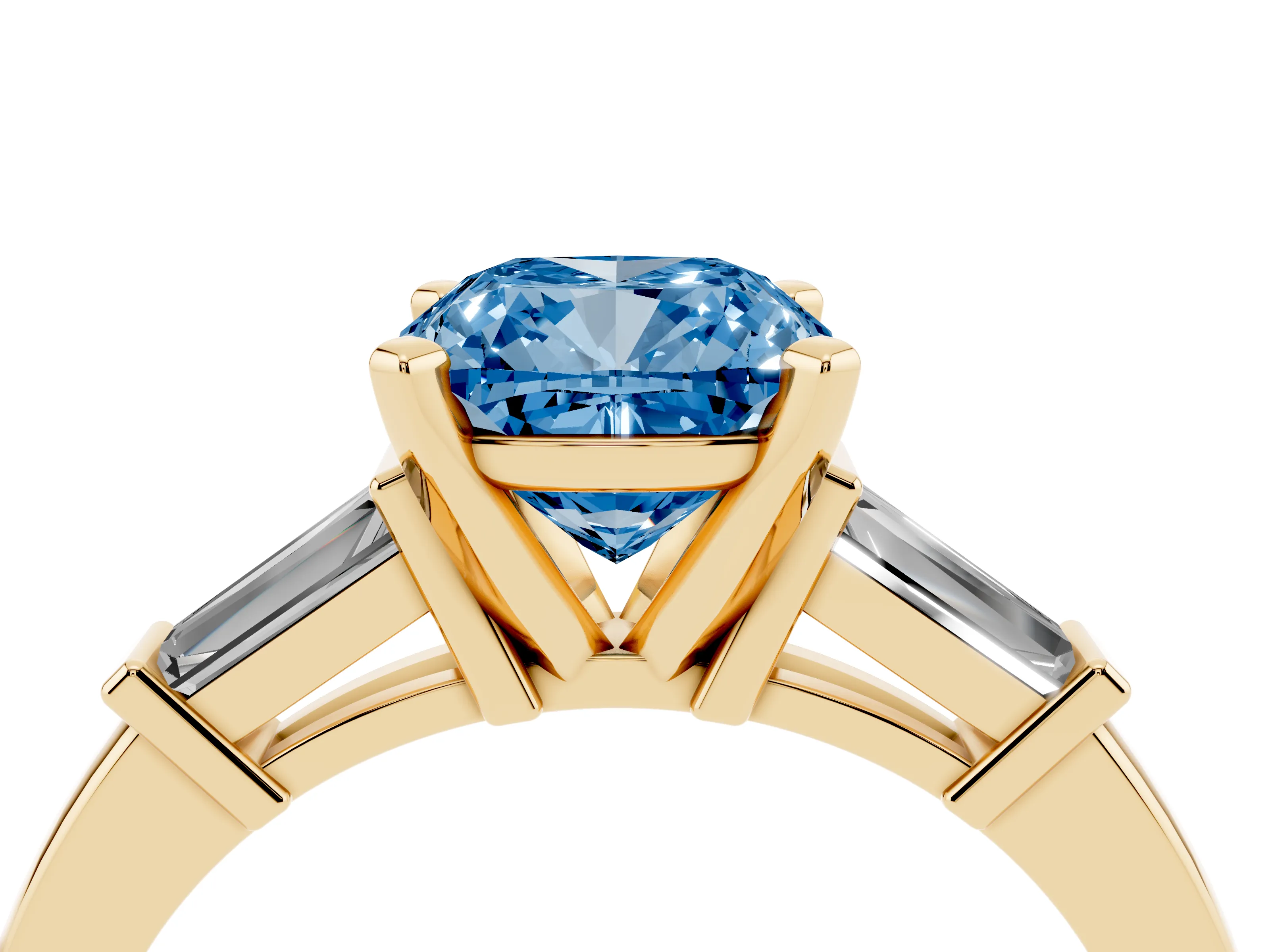 Fancy Blue Cushion Cut Diamond Solitaire Ring Set in Yellow gold with Tapered Baguette Accents and Prong Setting