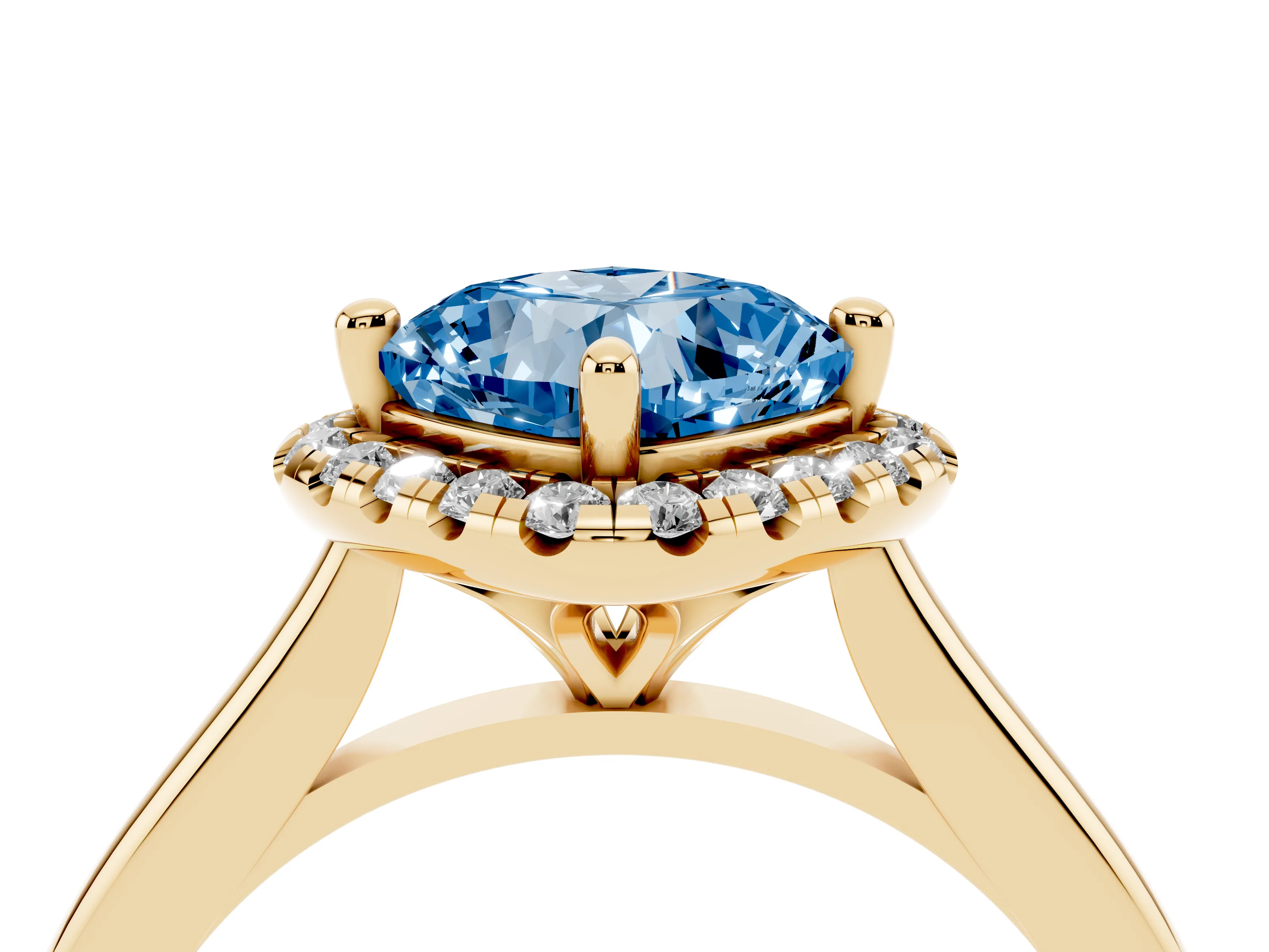 Fancy Blue Cushion Cut Diamond Halo Engagement Ring Set in Yellow gold with Pavé Band and Rising Shoulders