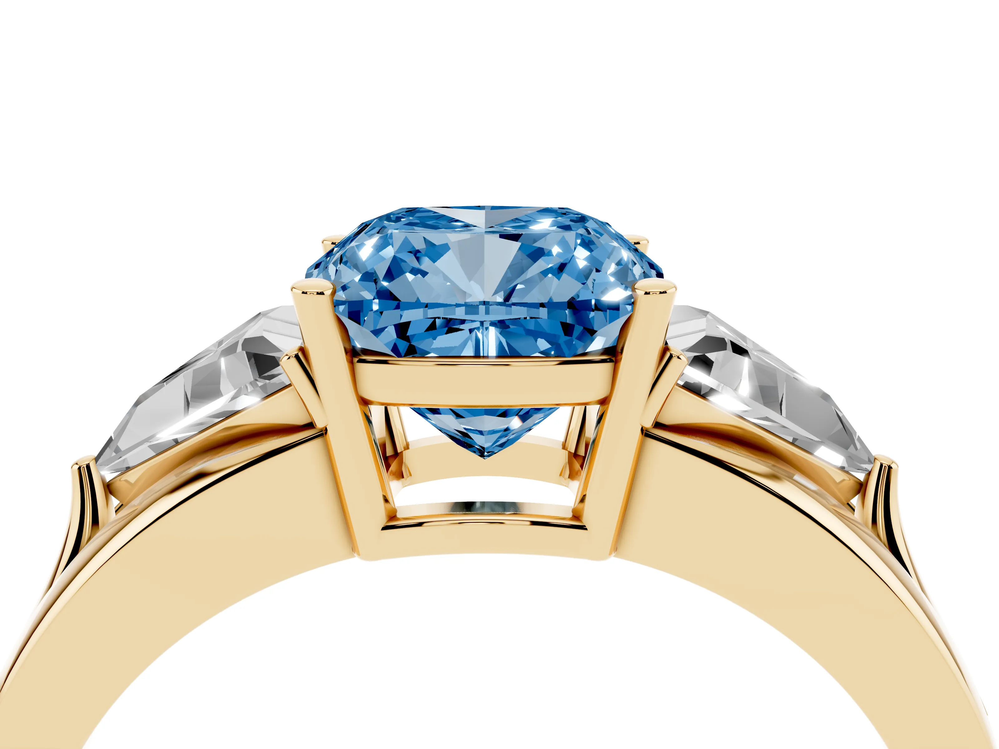 Fancy Blue Cushion Cut Diamond Three-Stone Ring Set in Yellow gold with Trillion Side Stones and Split Shank