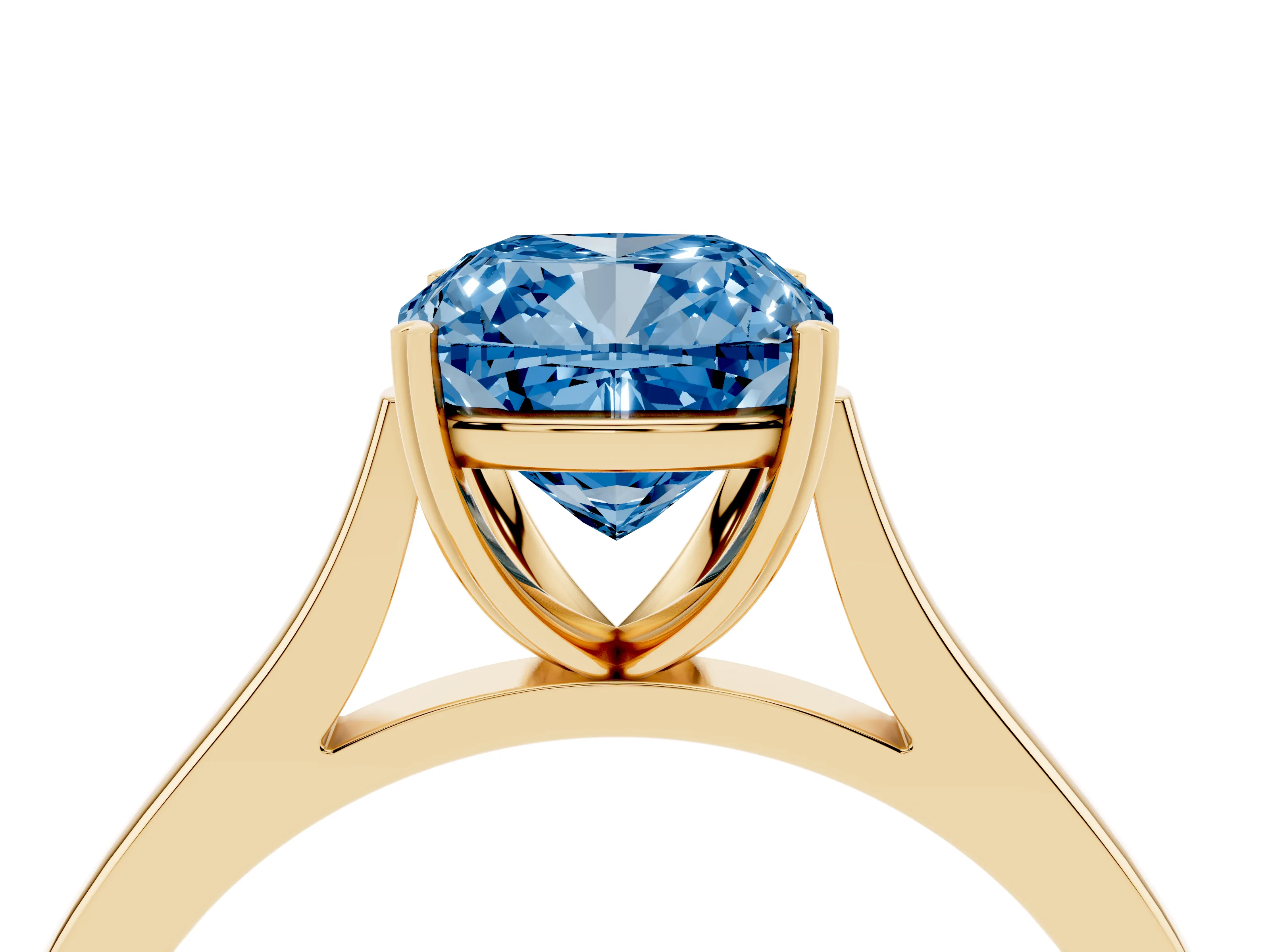 Fancy Blue Cushion Cut Diamond Solitaire Heart Prong Engagement Ring Set in Yellow gold with Tapered Band
