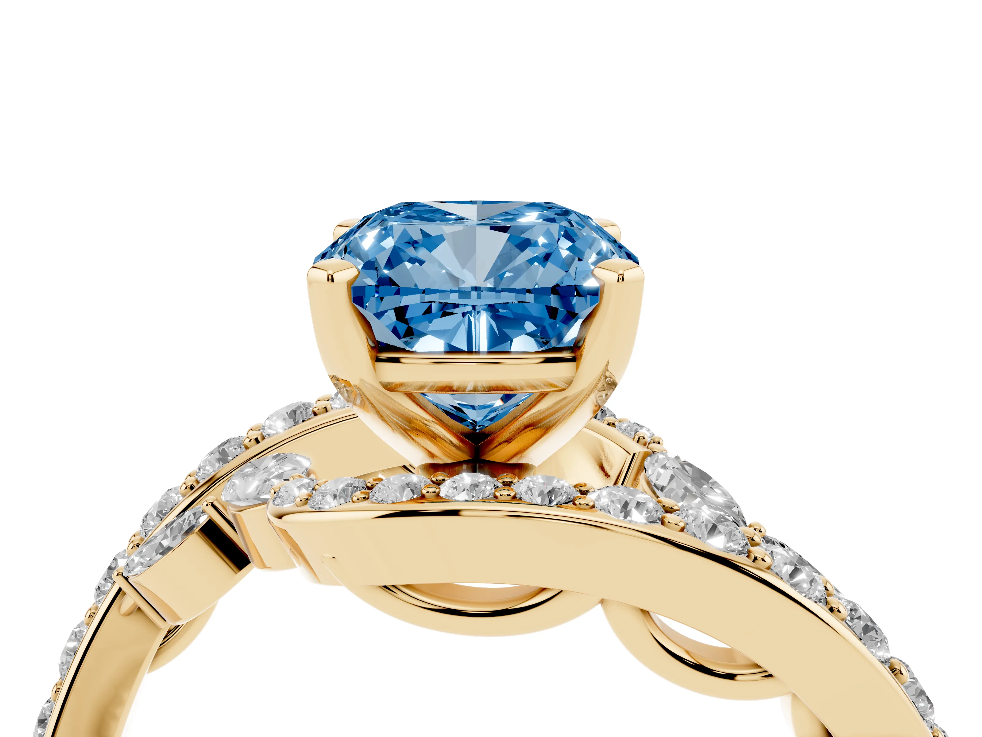 Fancy Blue Cushion Cut Diamond Solitaire Ring Set in Yellow gold with Filigree Band and Prong Setting