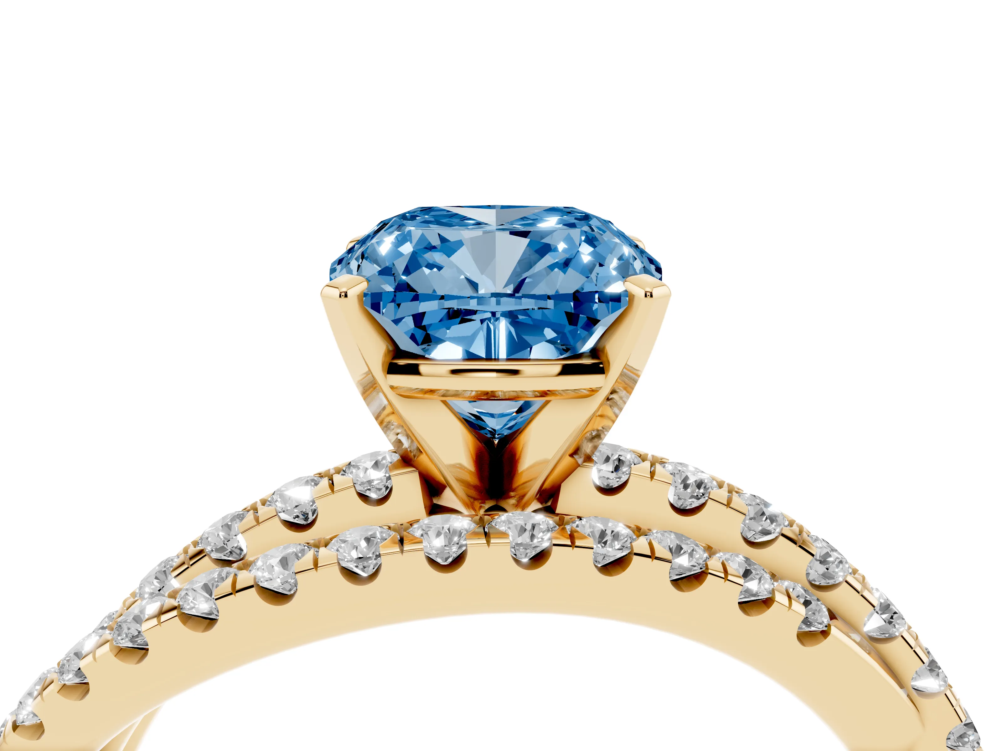 Fancy Blue Cushion Cut Diamond Solitaire Twist Band Ring Set in Yellow gold with Pavé Setting and Prong Head