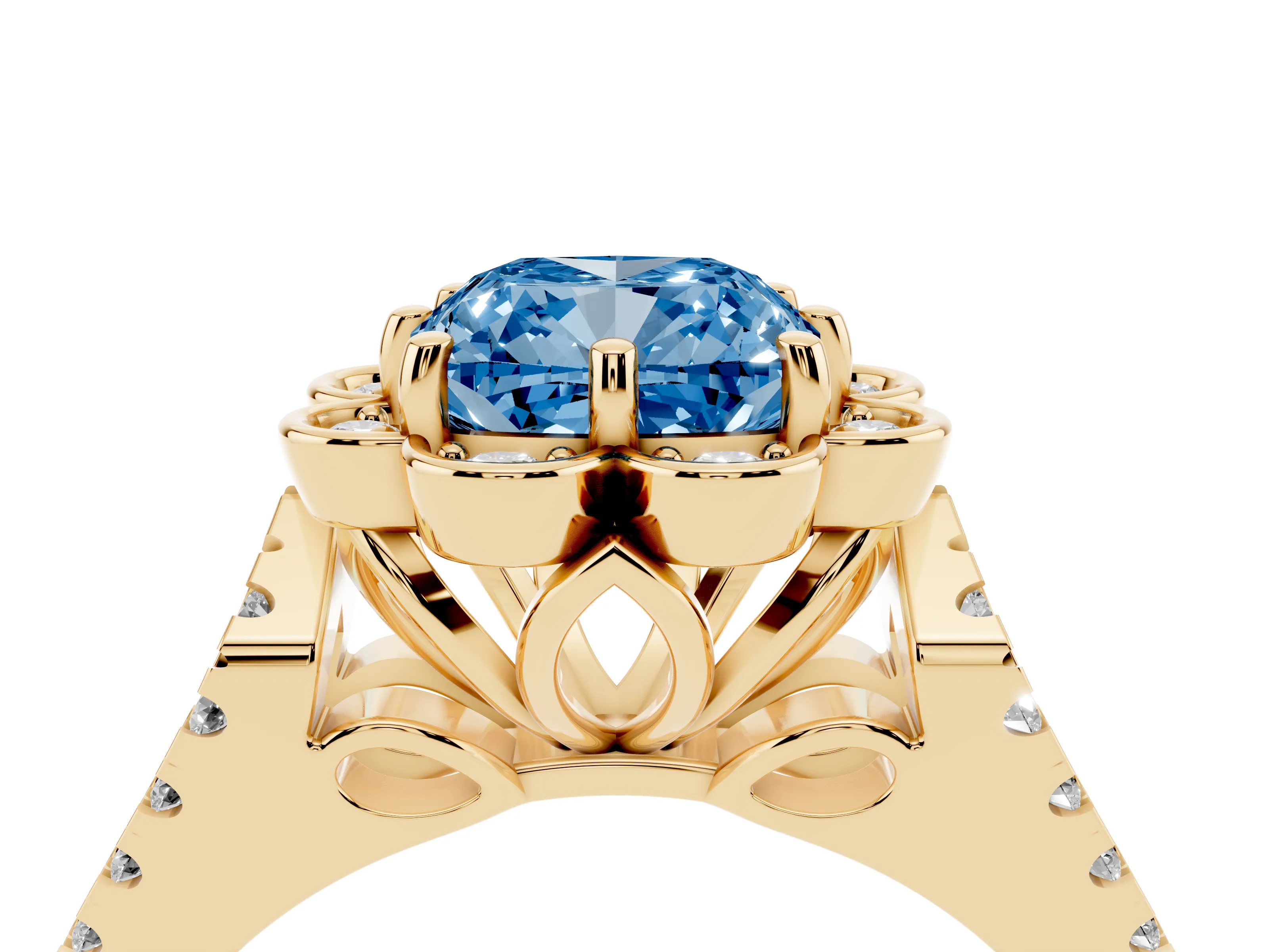 Fancy Blue Cushion Cut Diamond Floral Halo Split Shank Engagement Ring Set in Yellow gold with Pavé Shank