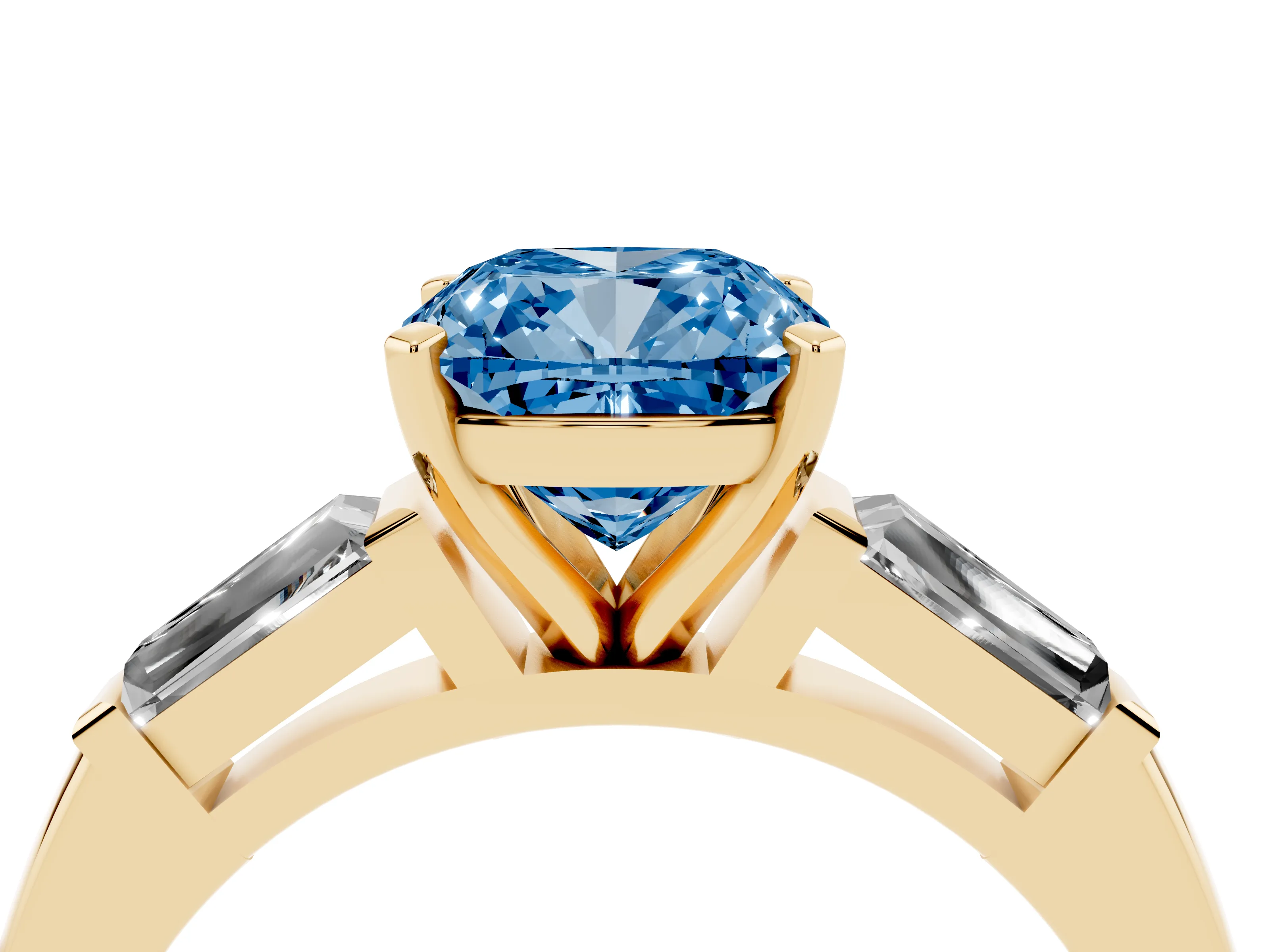 Fancy Blue Cushion Cut Diamond Solitaire Ring Set in Yellow gold with Tapered Baguette Side Stones and Prong Setting