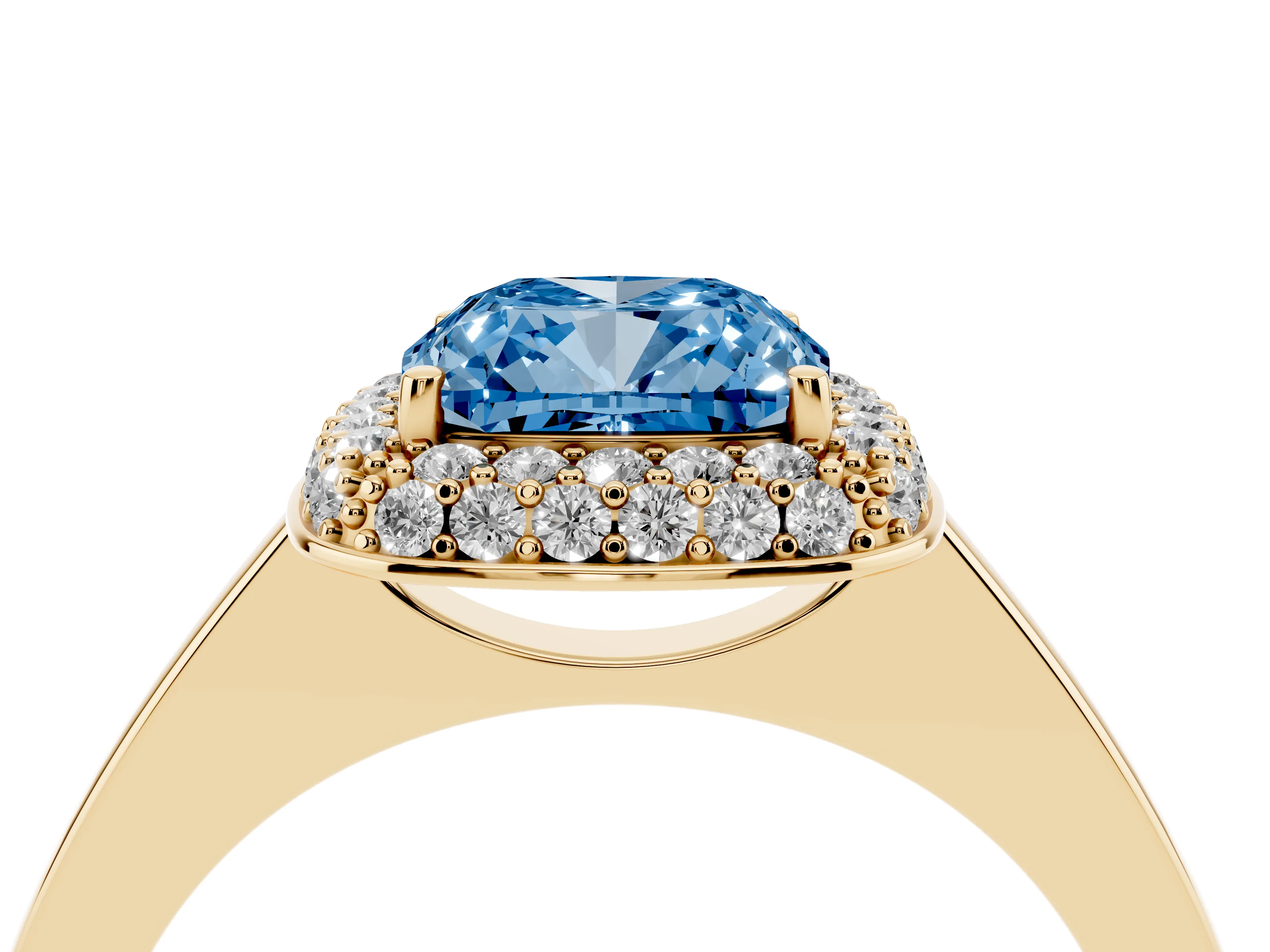 Fancy Blue Cushion Cut Diamond Halo Engagement Ring Set in Yellow gold with Solitaire Band and Prong Setting