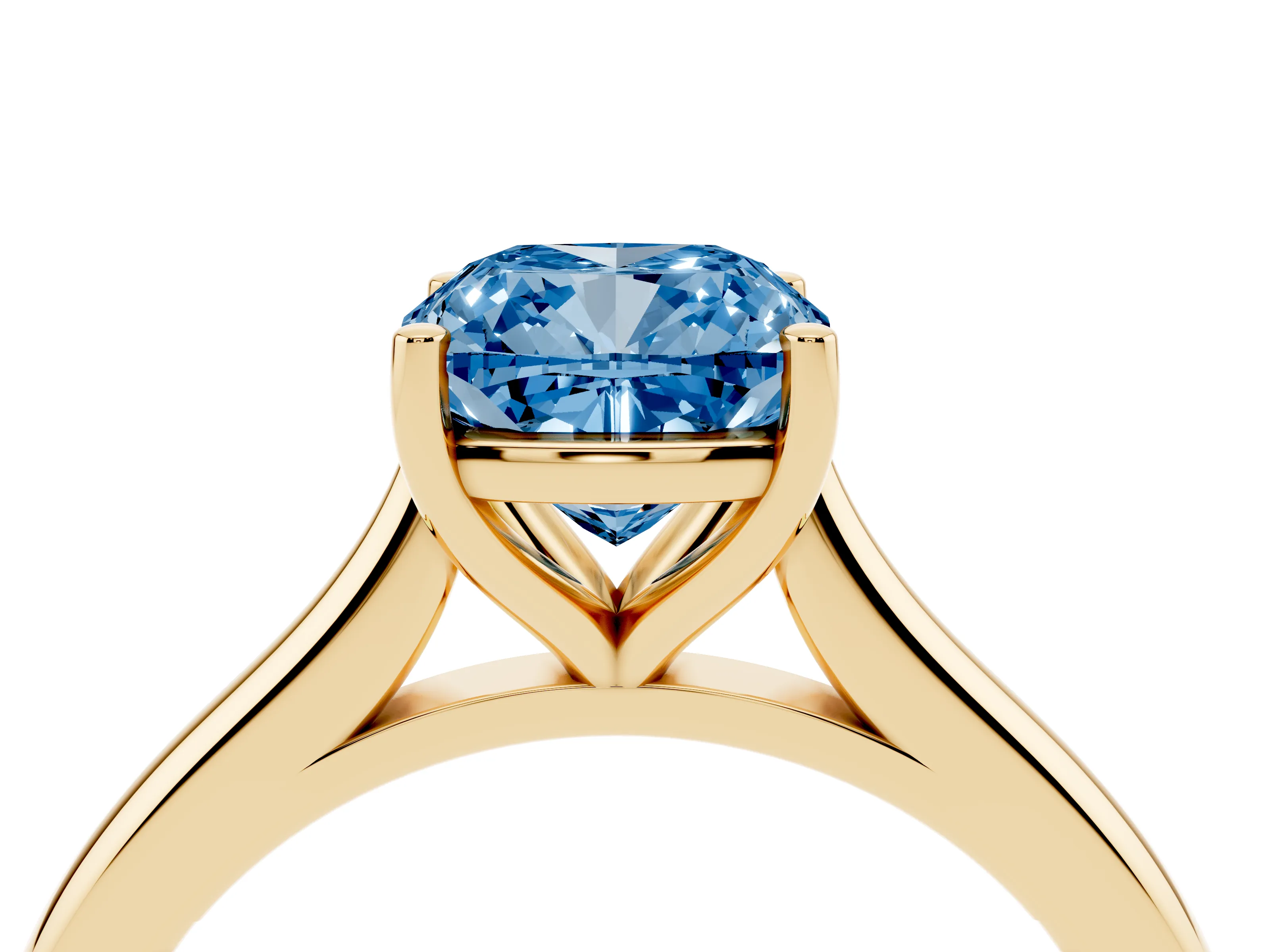 Fancy Blue Cushion Cut Diamond Solitaire Ring Set in Yellow gold with Cathedral Band and Prong Setting