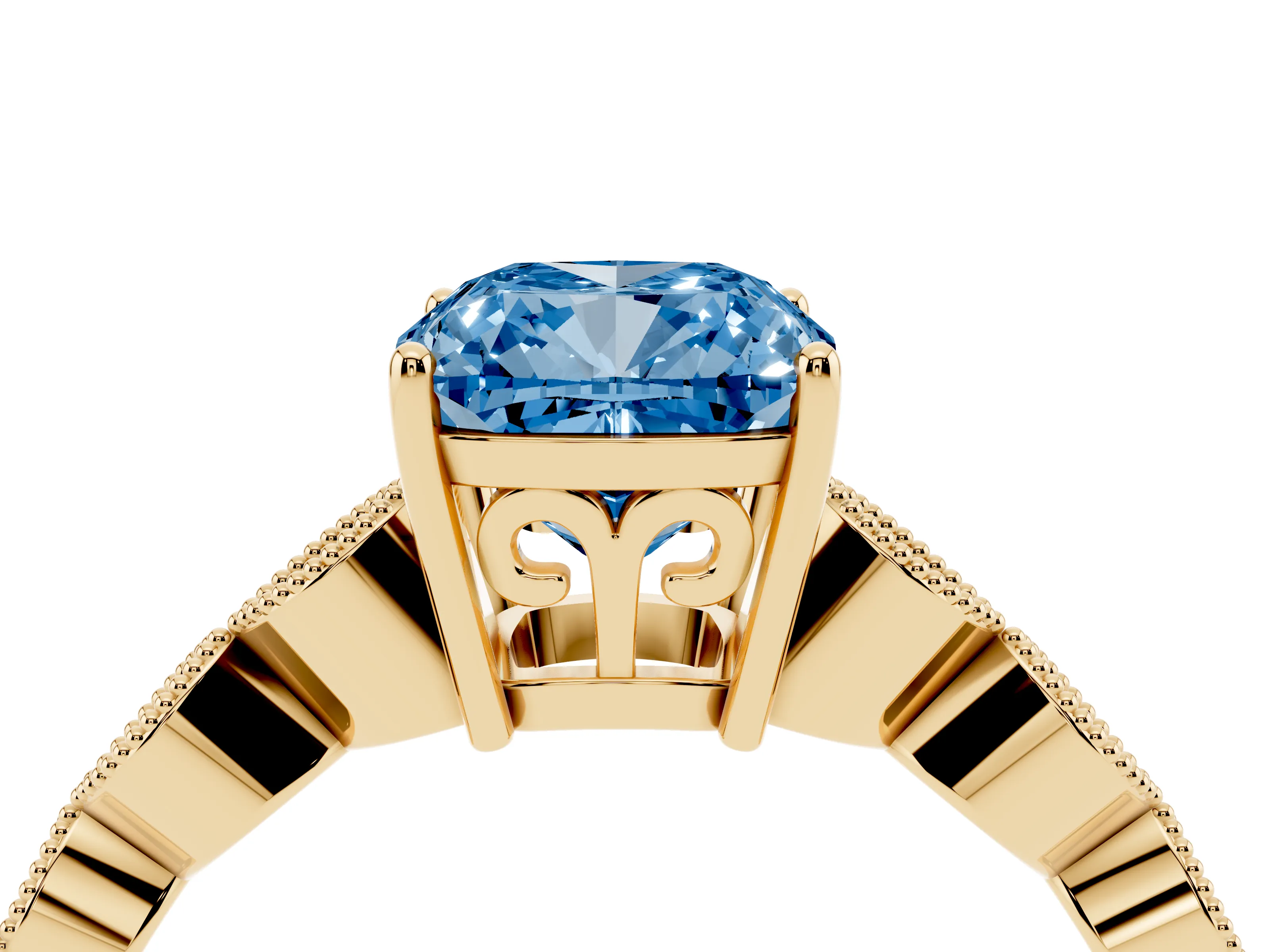 Fancy Blue Cushion Cut Diamond Solitaire Ring Set in Yellow gold with Infinity Twist Pavé Band