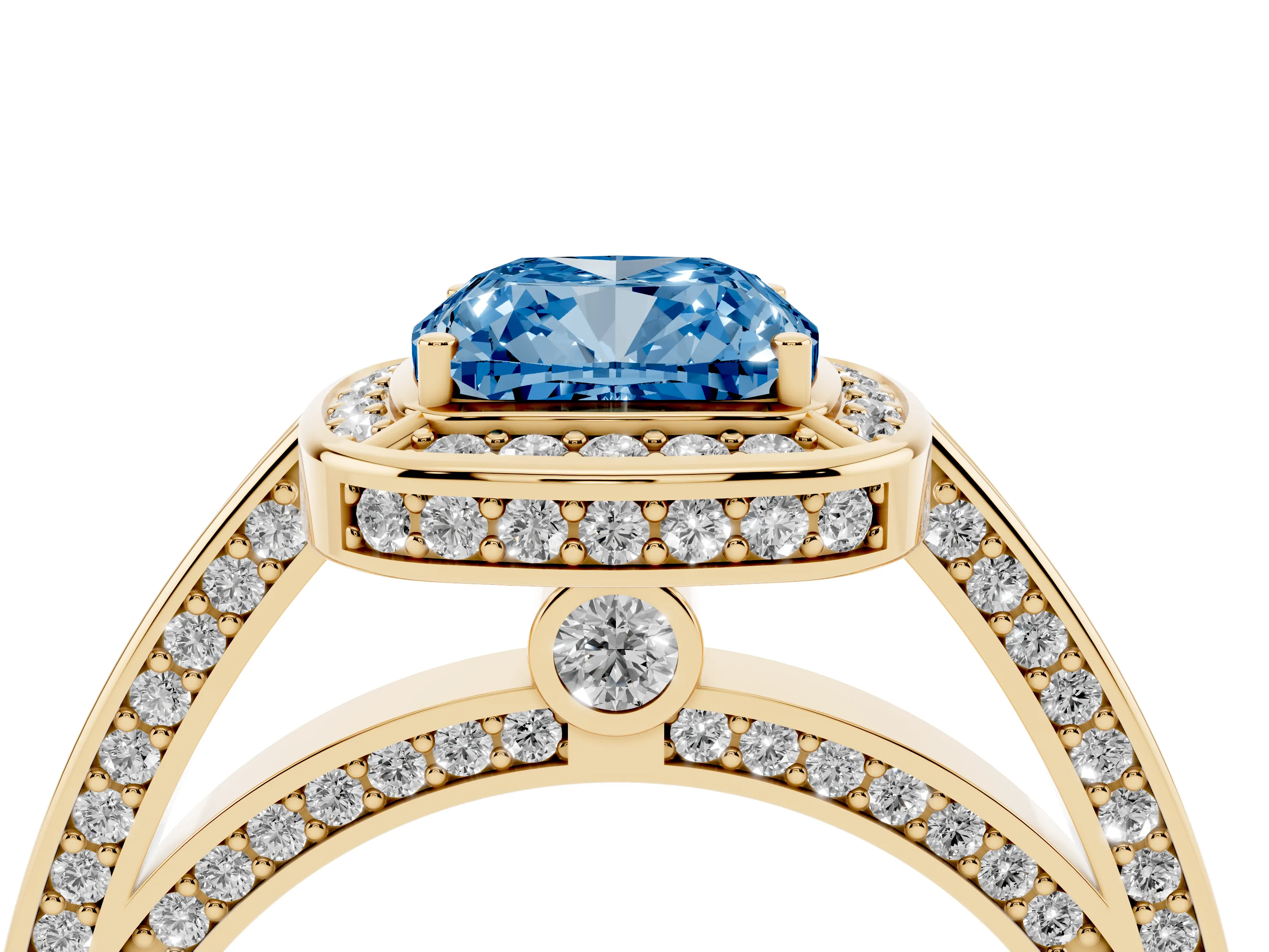 Fancy Blue Cushion Cut Diamond Halo Pavé Split Shank Ring Set in Yellow gold with Prong Setting