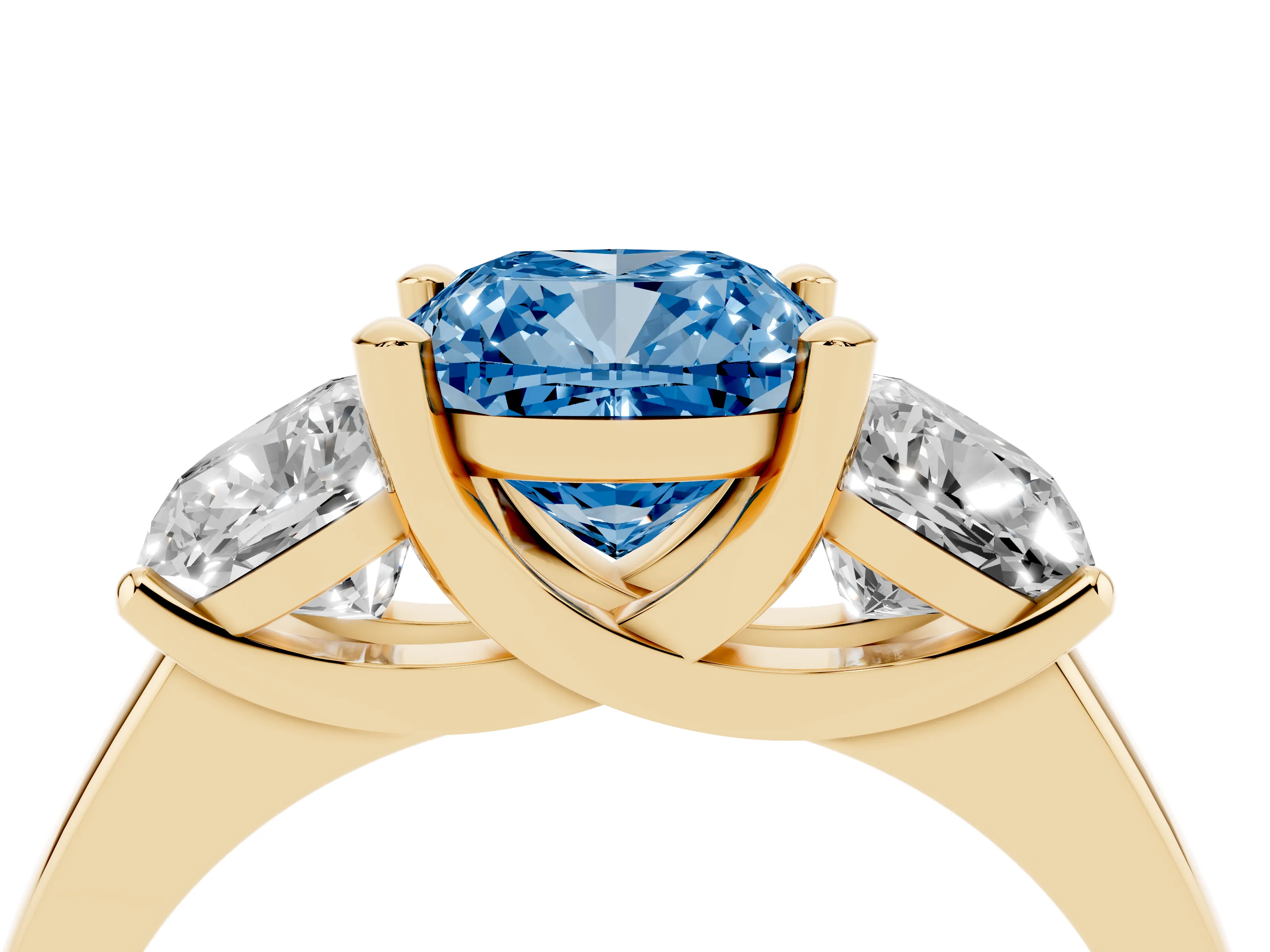 Fancy Blue Cushion Cut Diamond Three-Stone Ring Set in Yellow gold with Classic Prong Setting and Plain Band