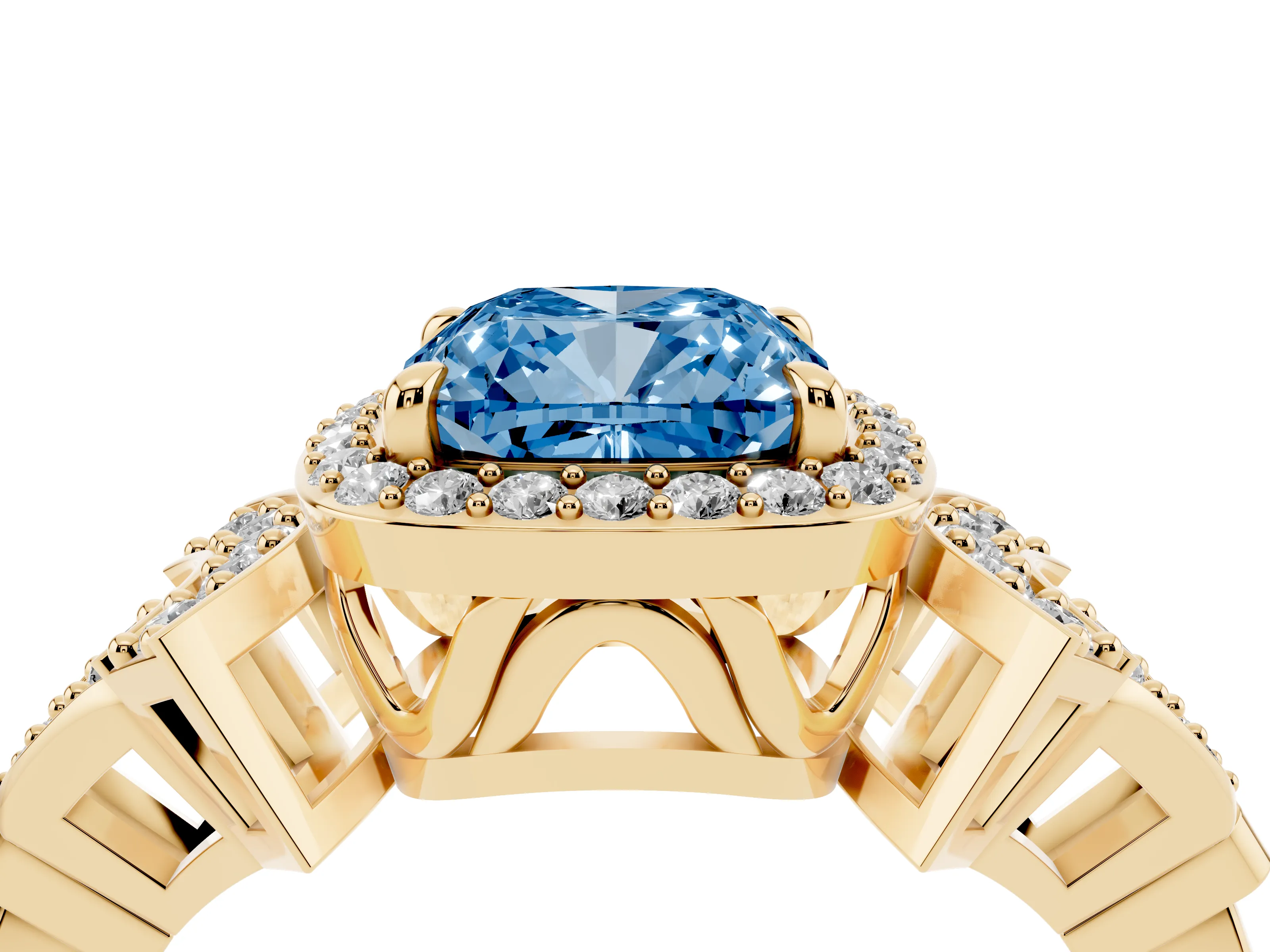 Fancy Blue Cushion Cut Diamond Halo Engagement Ring Set in Yellow gold with Accent Stone Split Shank