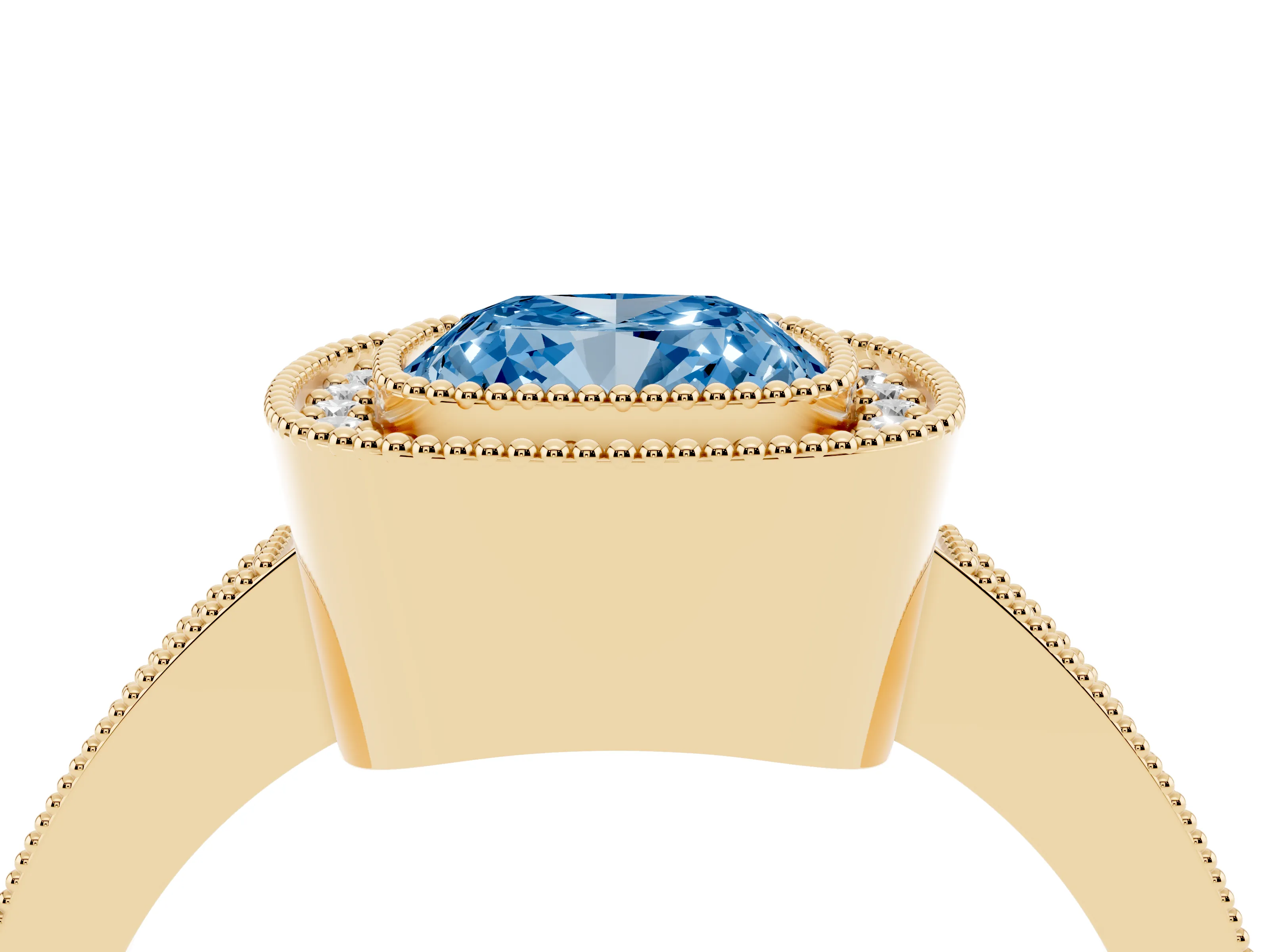 Fancy Blue Cushion Cut Diamond Halo Engagement Ring Set in Yellow gold with Pavé Band and Round Halo Stones