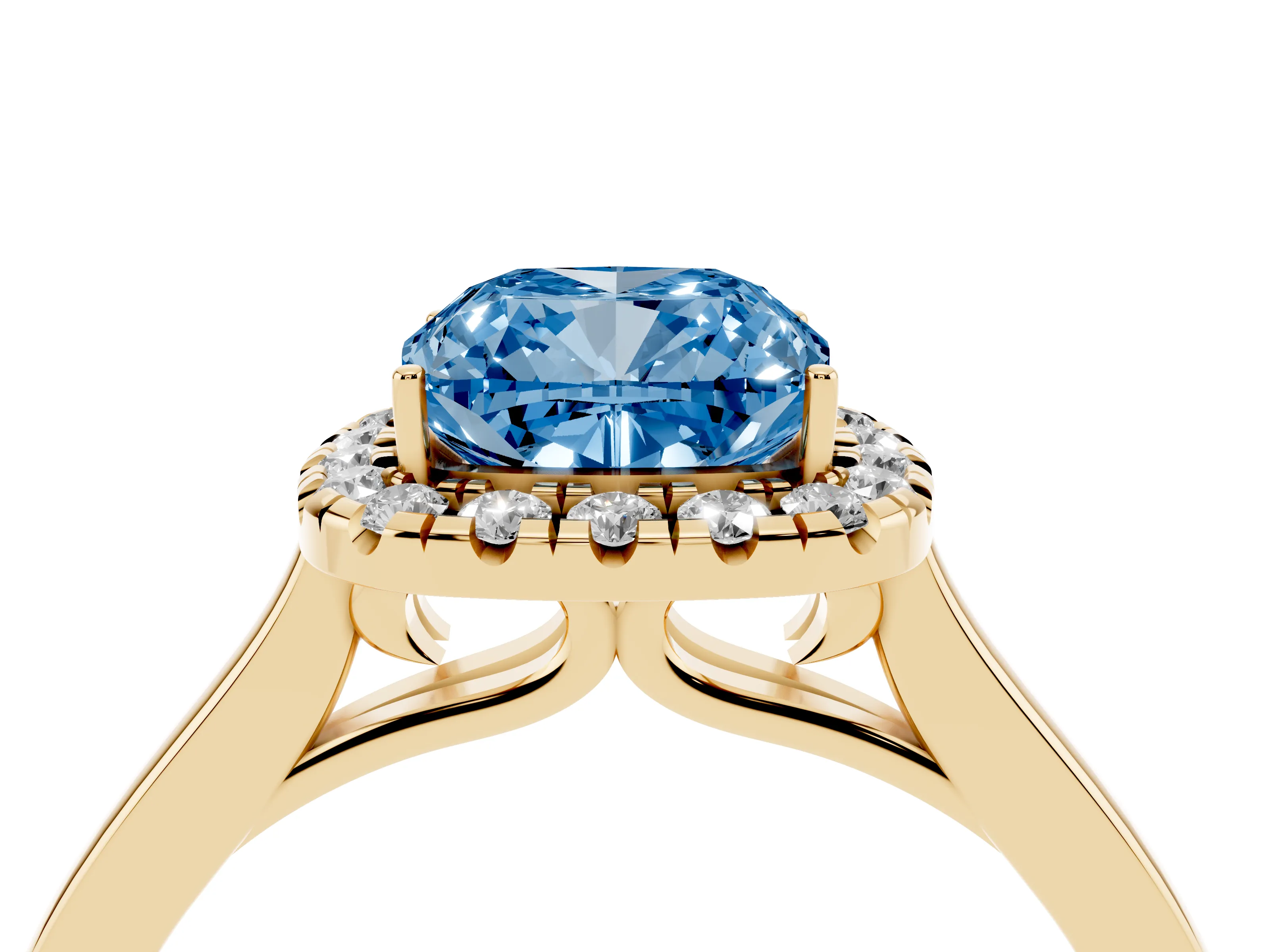 Fancy Blue Cushion Cut Halo Round Diamond Solitaire Ring Set in Yellow gold with Pavé Band and Prong Setting