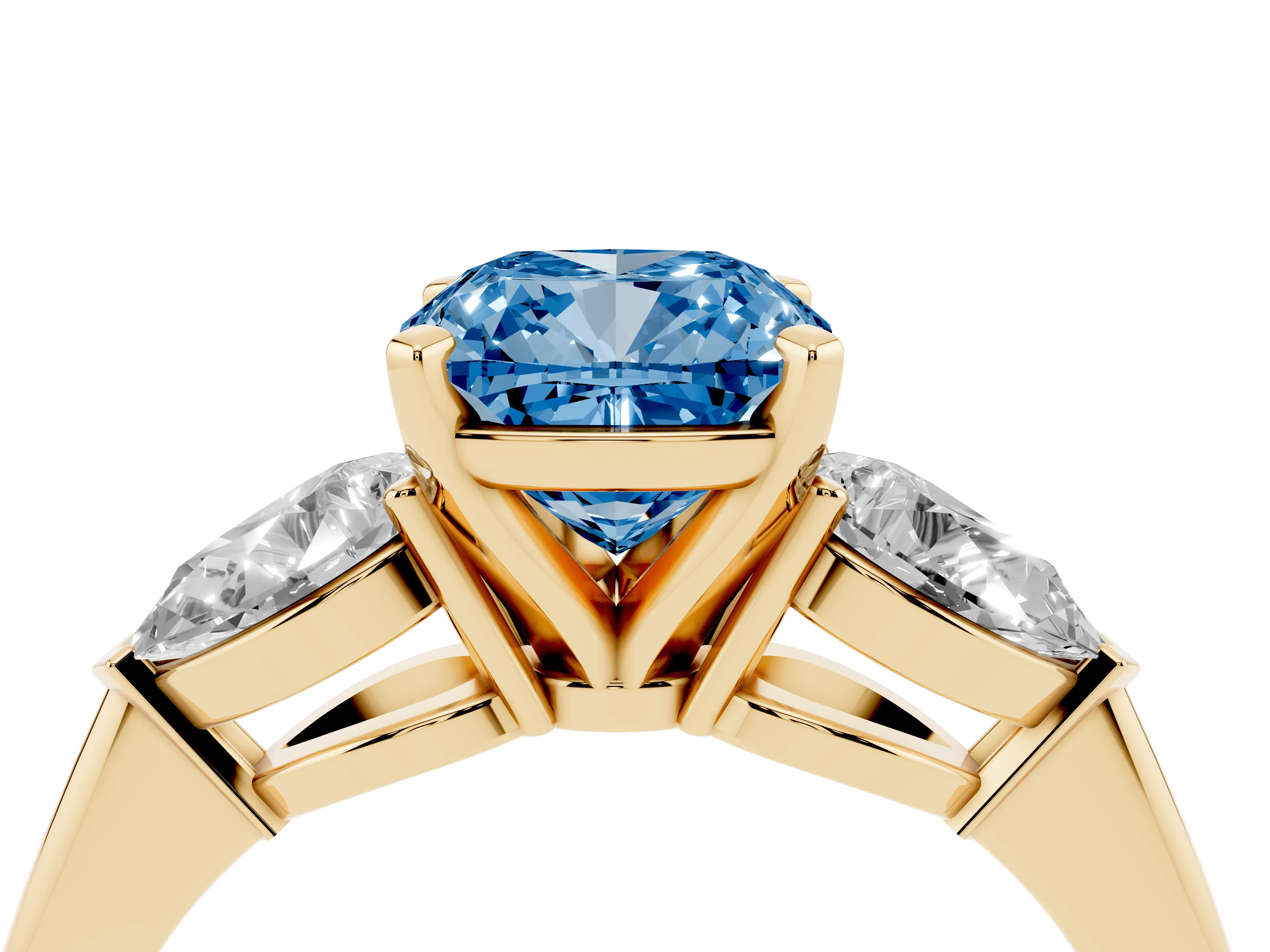 Fancy Blue Three-Stone Cushion Cut Diamond Ring Set in Yellow gold with Pear Side Stones and Prong Setting