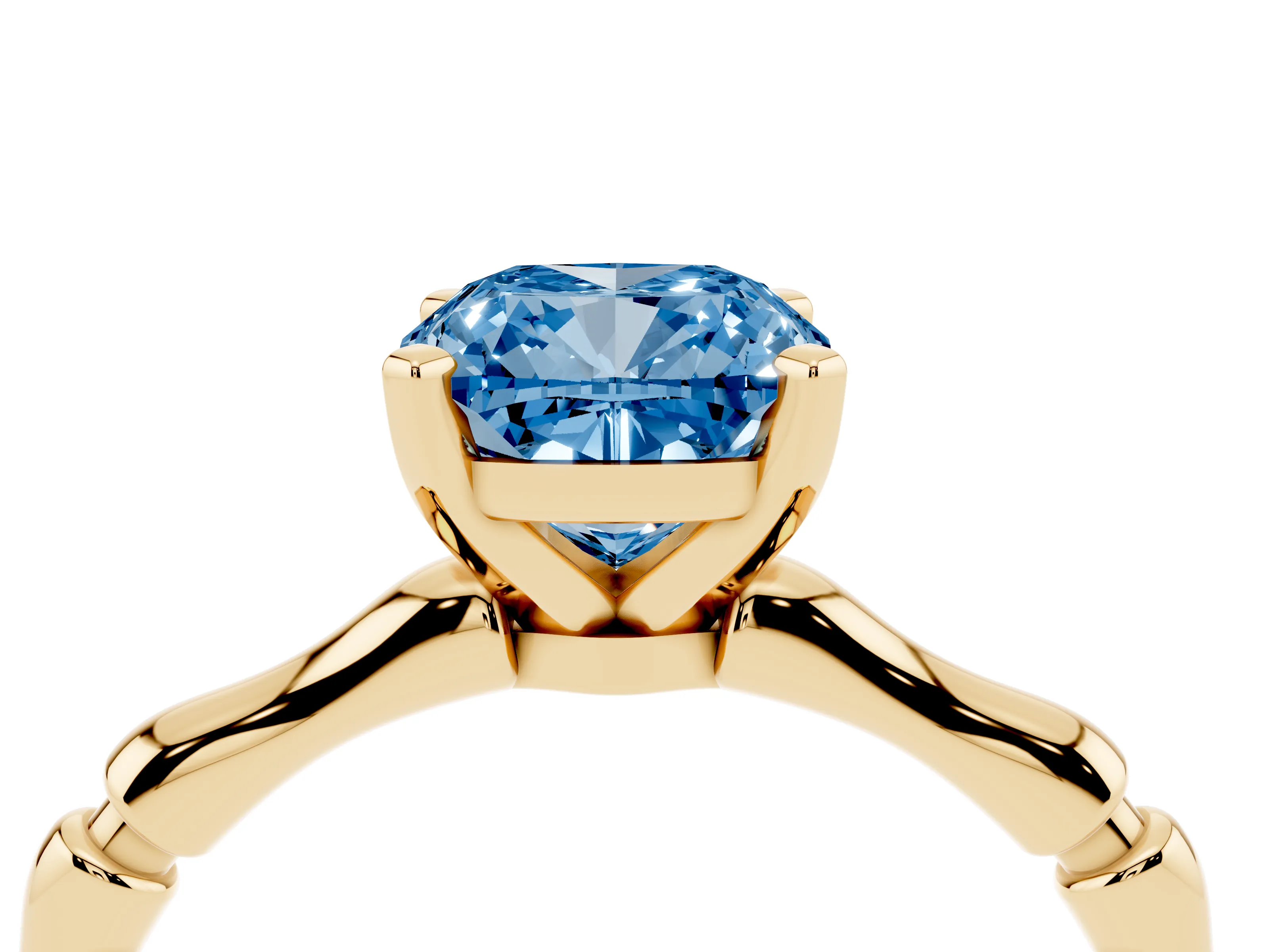Fancy Blue Cushion Cut Diamond Solitaire Ring Set in Yellow gold with Bamboo Band and Prong Setting