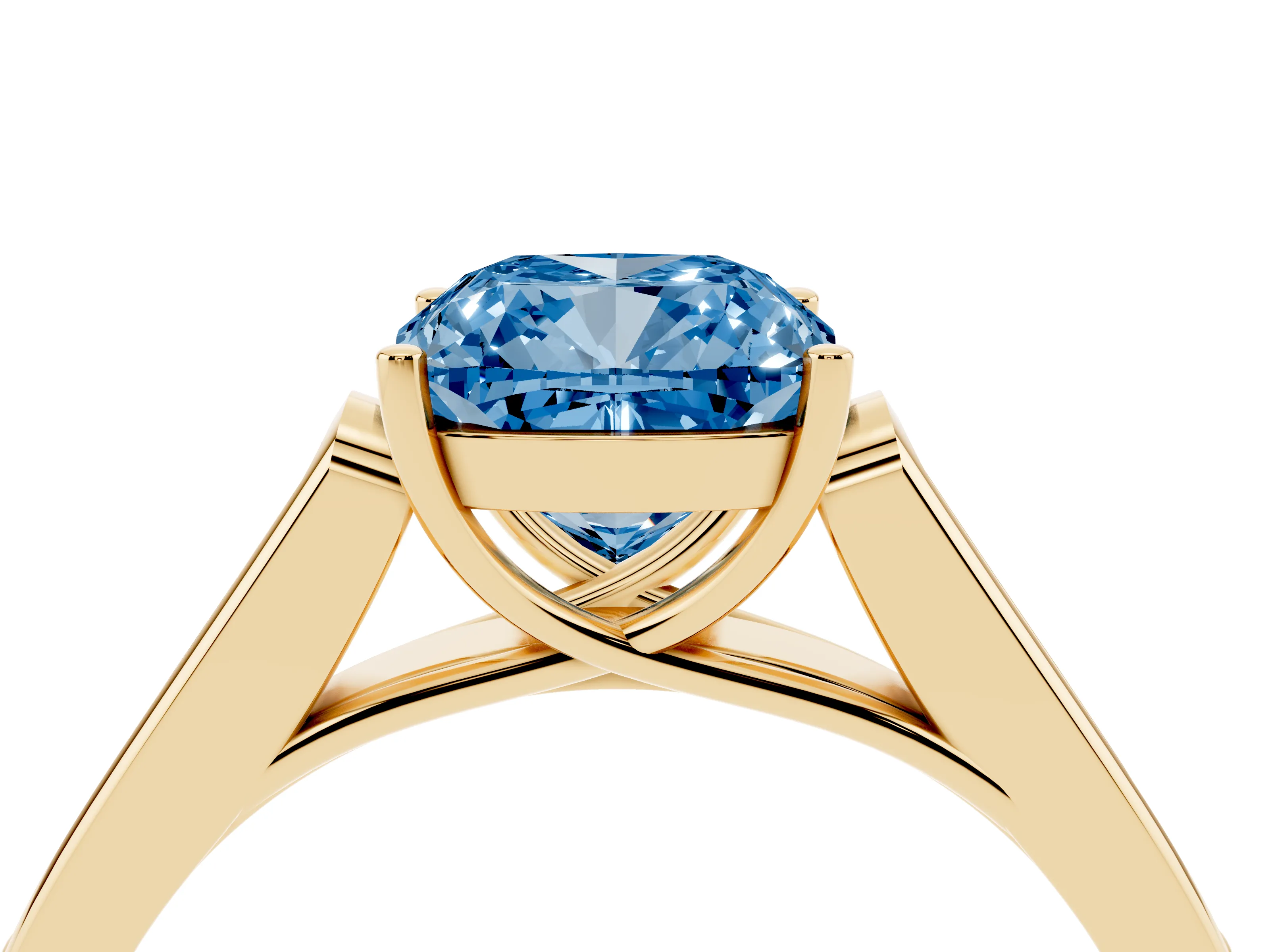 Fancy Blue Cushion Cut Diamond Solitaire Cathedral Engagement Ring Set in Yellow gold with Channel-Set Band and Prong Setting