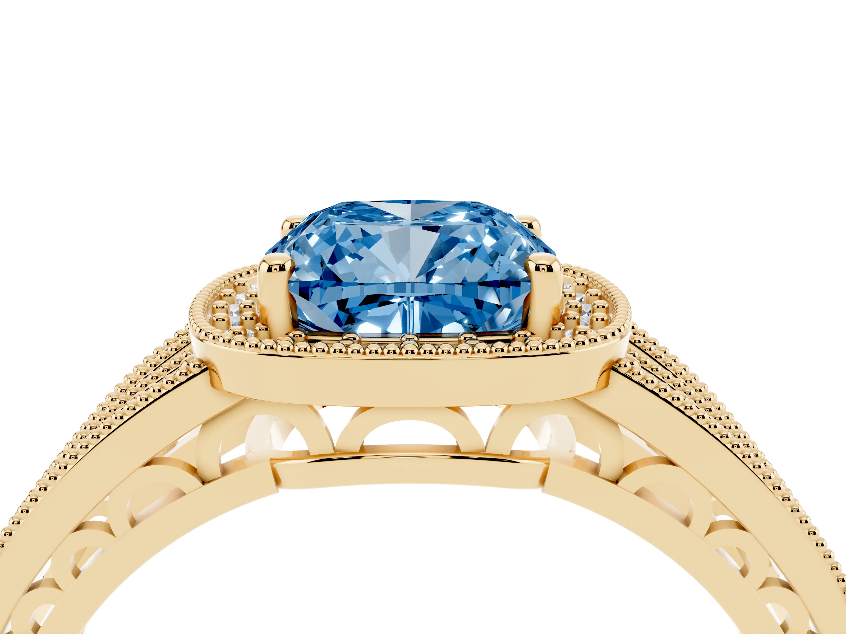 Fancy Blue Cushion Cut Diamond Halo Ring Set in Yellow gold with Accent Split Shank and Prong Setting