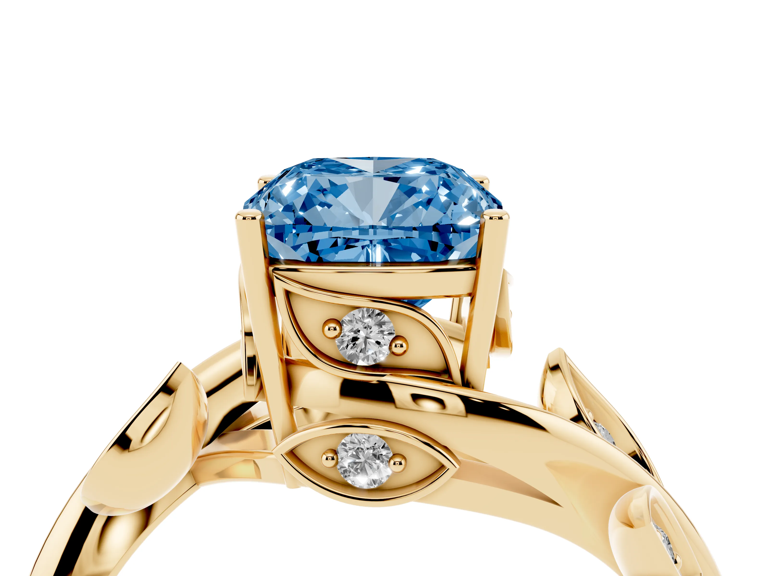 Fancy Blue Cushion Cut Diamond Solitaire Twist Engagement Ring Set in Yellow gold with Pavé Leaf Accents