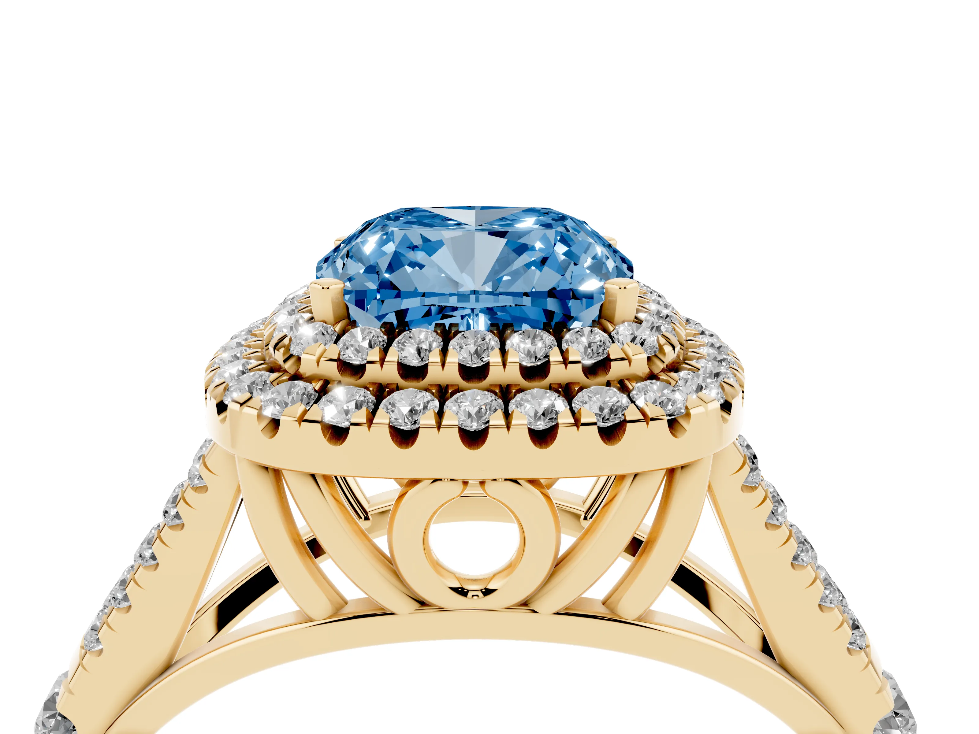 Fancy Blue Cushion Cut Diamond Pavé Split Shank Double Halo Engagement Ring Set in Yellow gold