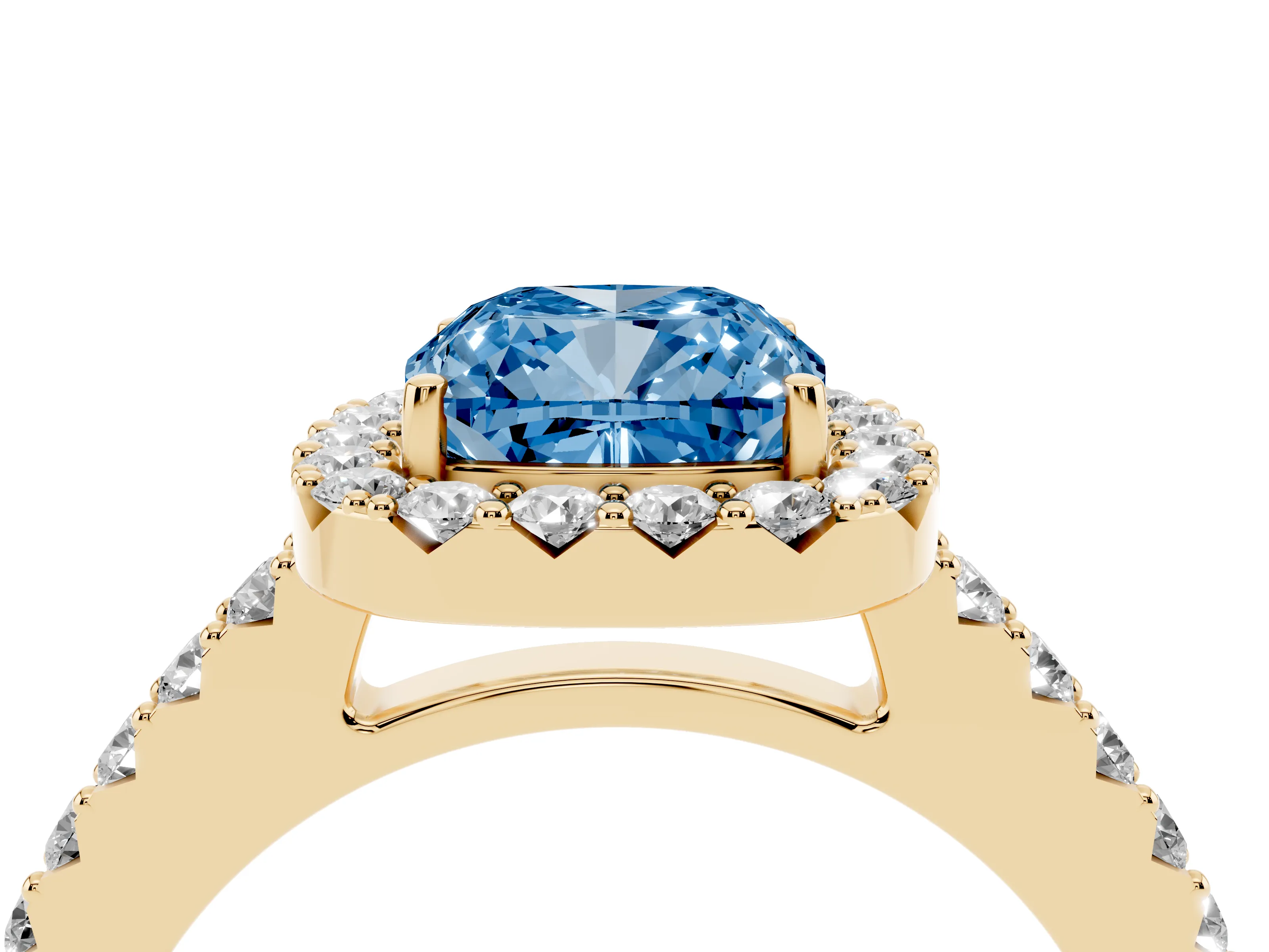 Fancy Blue Cushion Cut Diamond Halo Pavé Solitaire Ring Set in Yellow gold with Prong-Set Center Stone