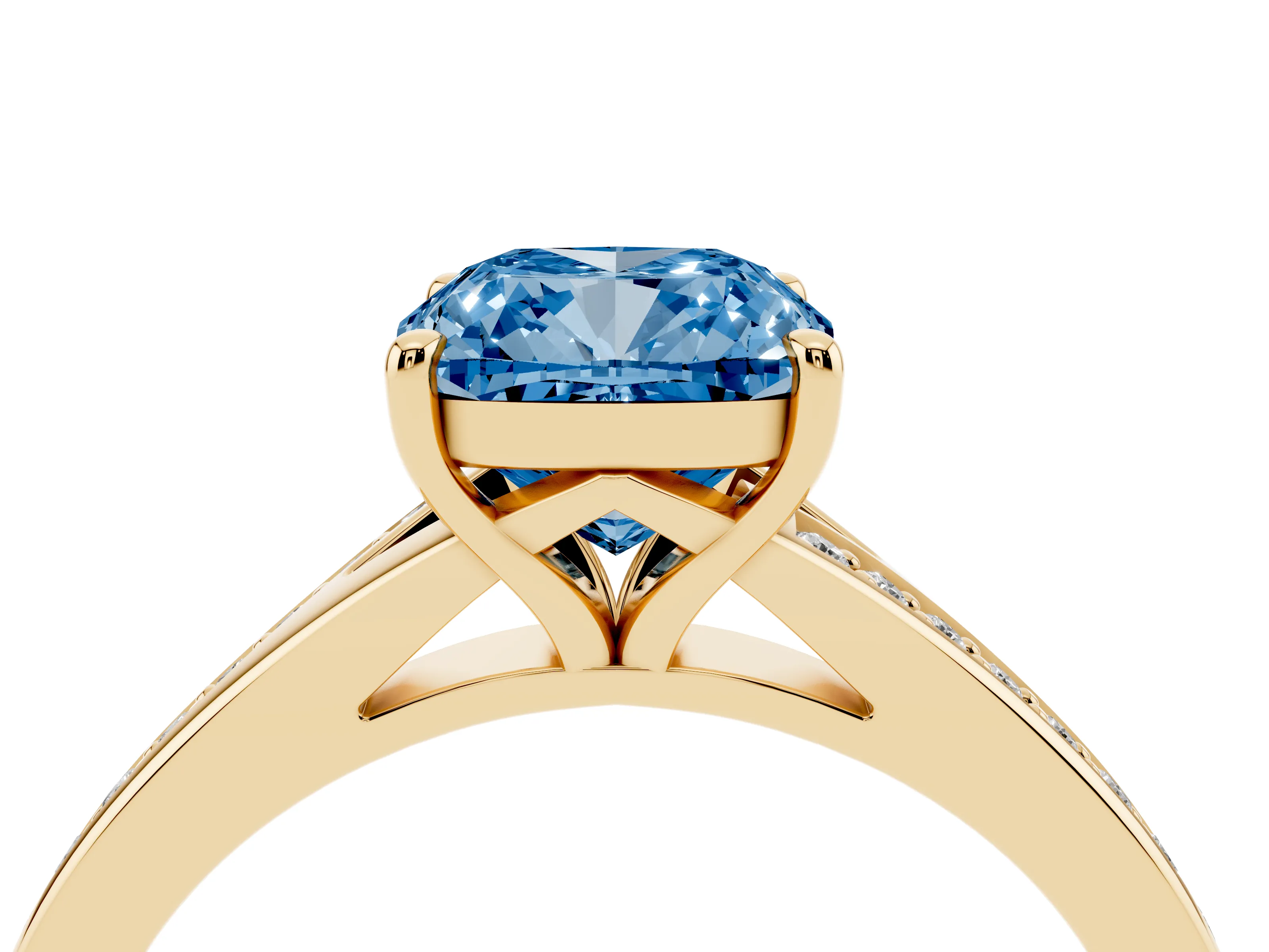 Fancy Blue Cushion Cut Diamond Solitaire Ring Set in Yellow gold with Pavé Accent Band and Classic Prong Setting