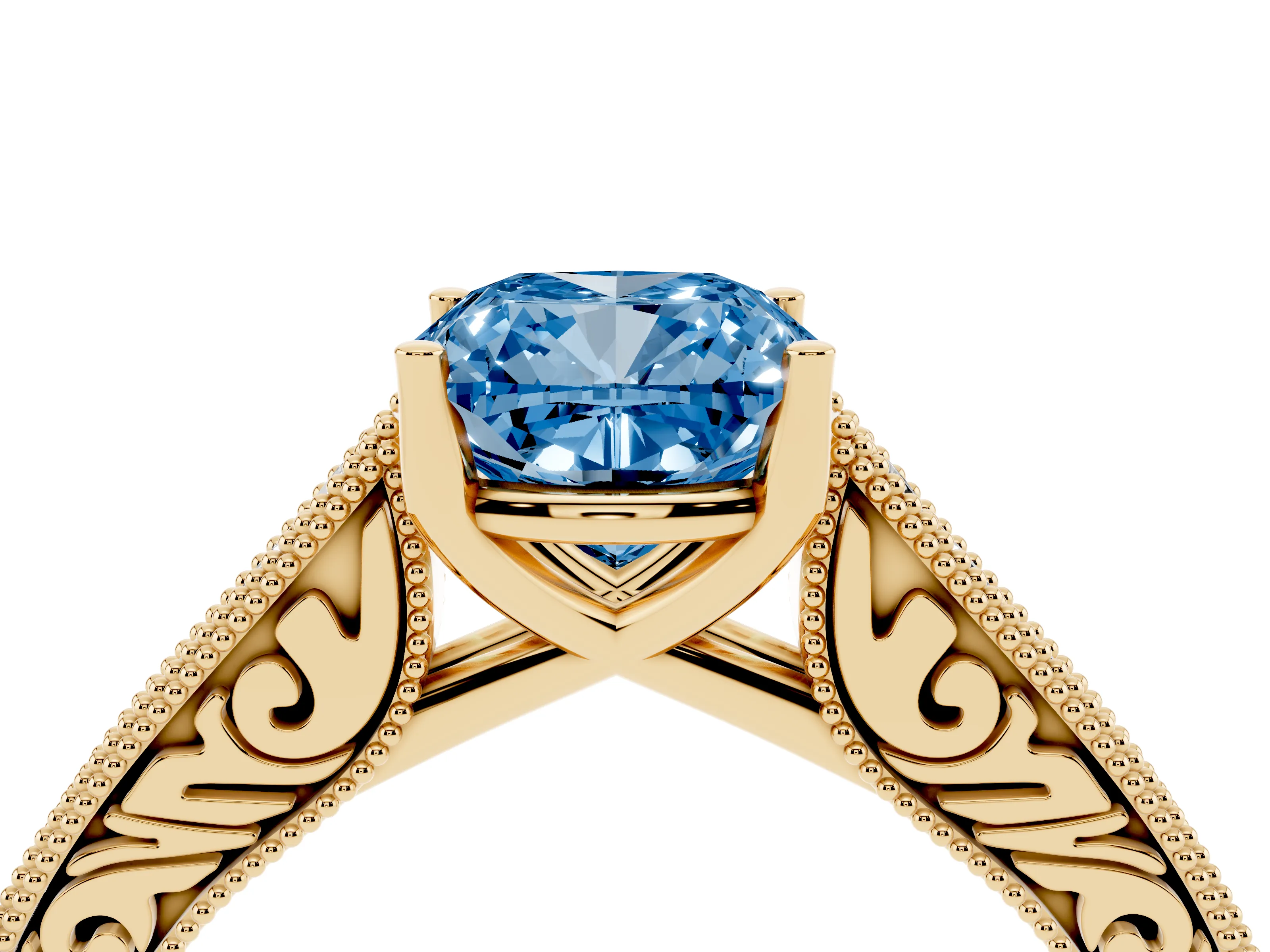 Fancy Blue Cushion Cut Diamond Milgrain Pavé Band Solitaire Ring Set in Yellow gold with Prong Setting