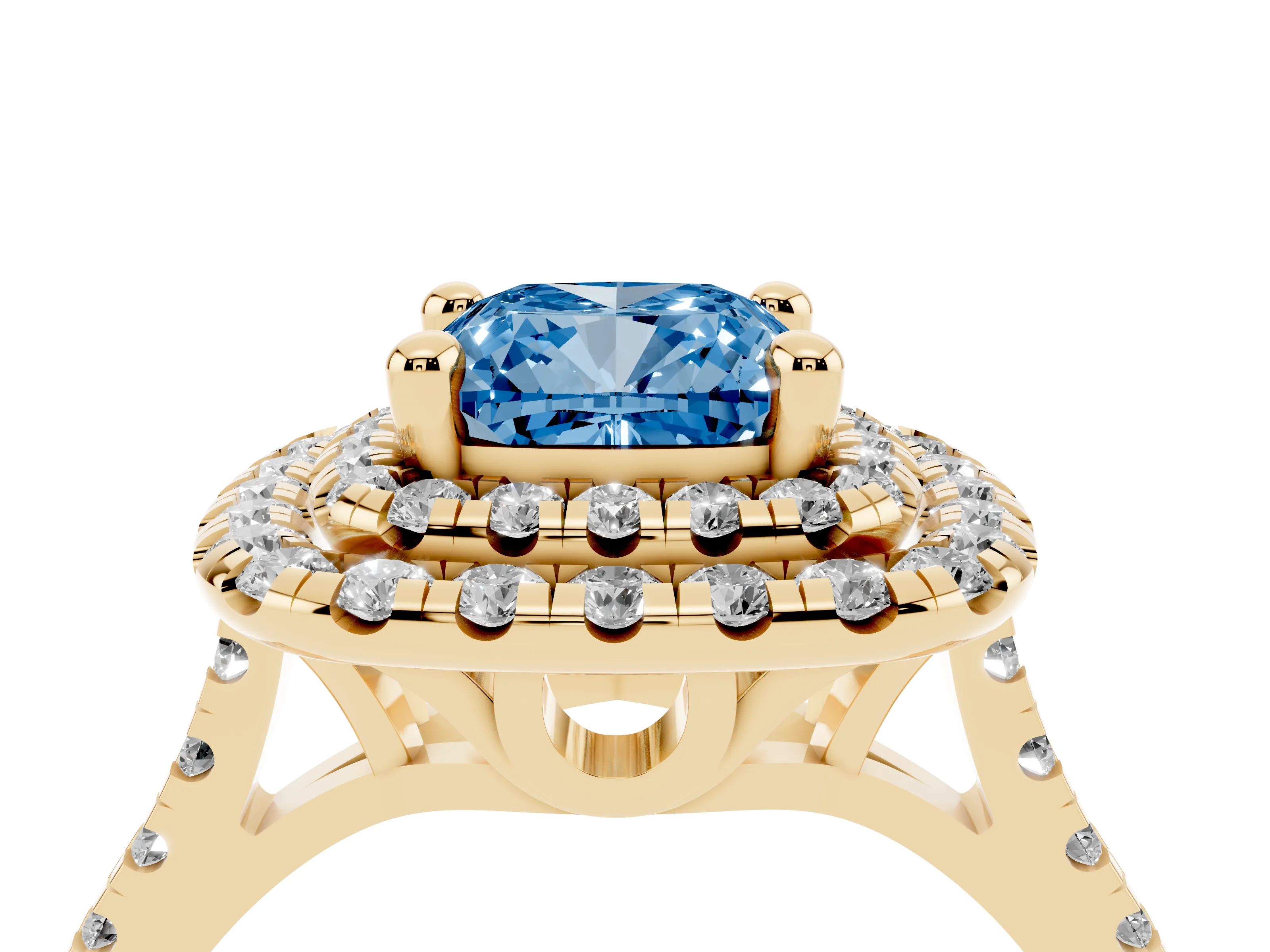 Fancy Blue Cushion Cut Diamond Double Halo Statement Ring Set in Yellow gold with Pavé Band