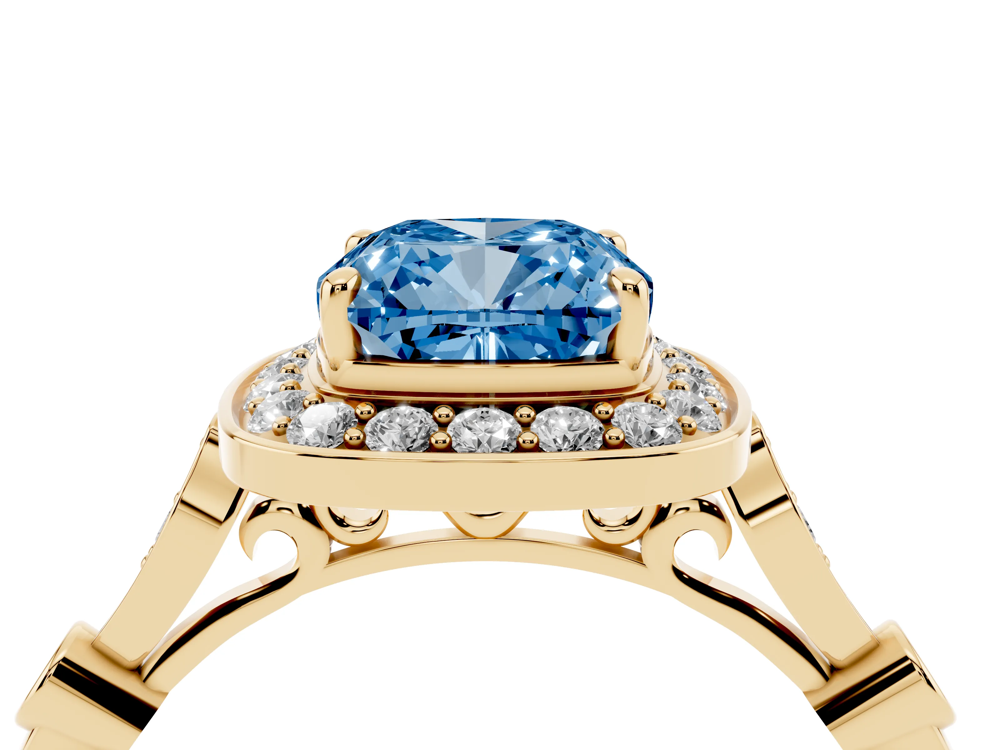 Fancy Blue Cushion Cut Diamond Halo Engagement Ring Set in Yellow gold with Twisted Band and Prong Setting