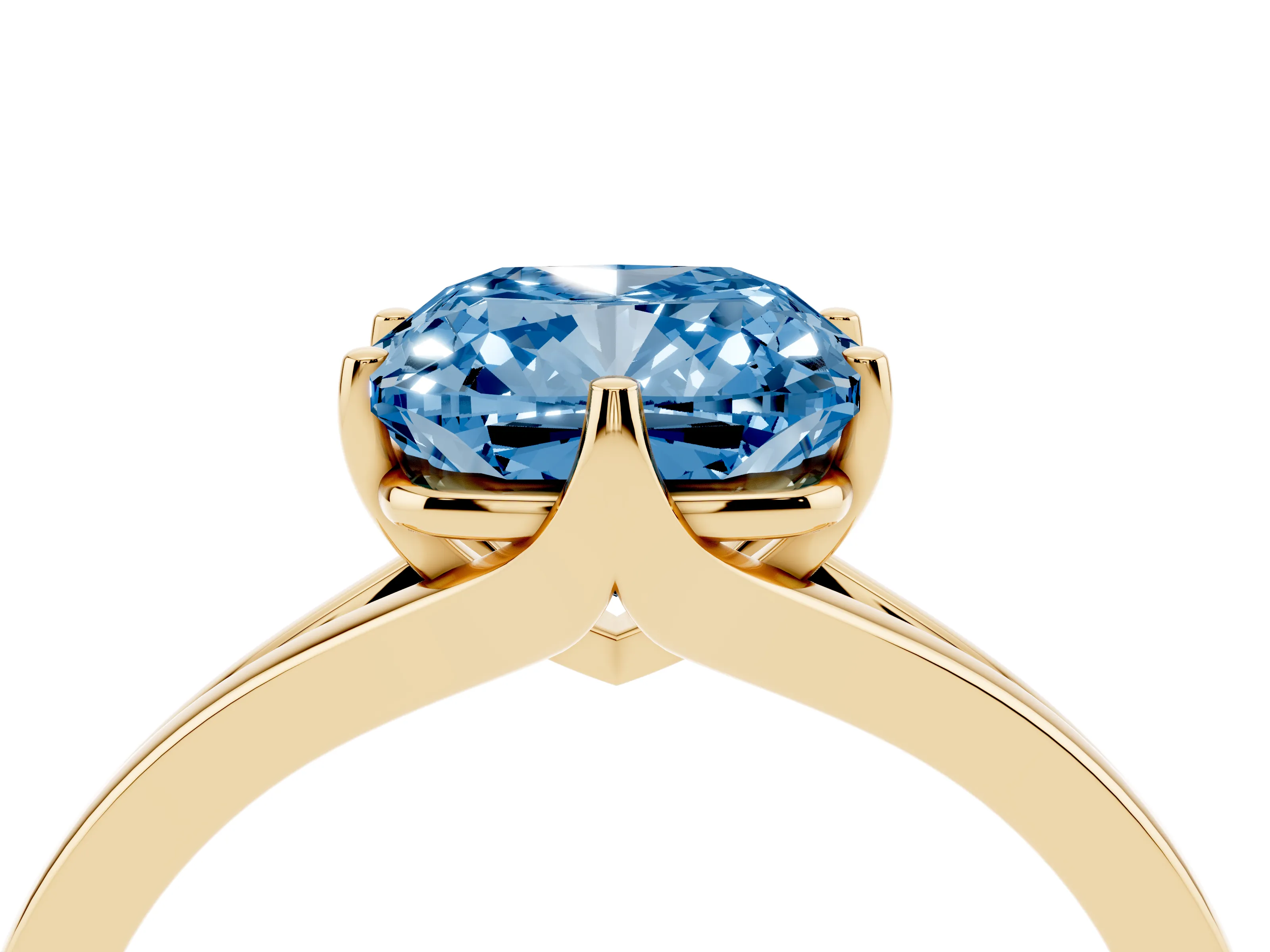 Fancy Blue Cushion Cut Diamond Solitaire Ring Set in Yellow gold with Polished Tapered Band and Prong Setting