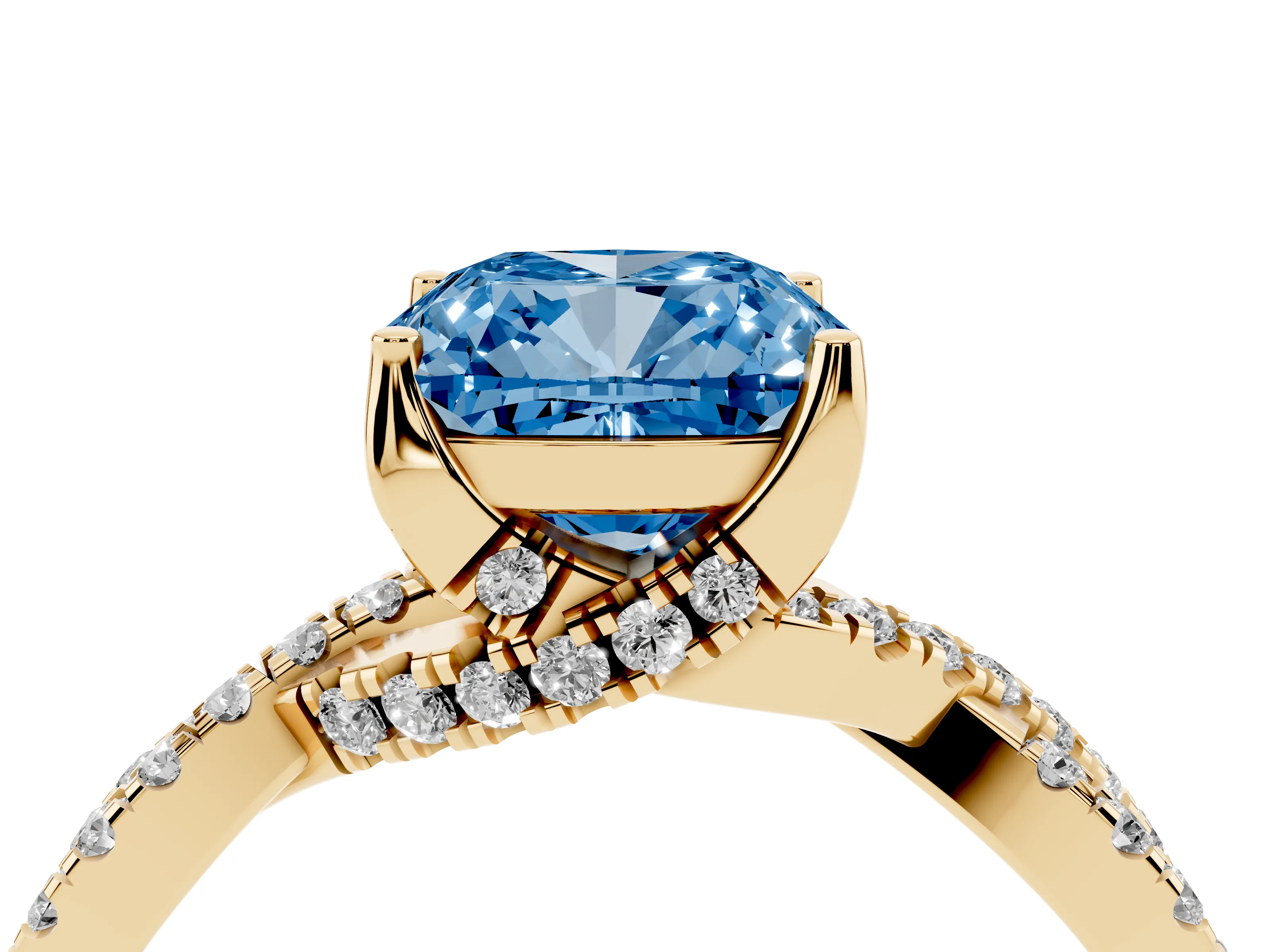 Fancy Blue Cushion Cut Diamond Twist Pavé Solitaire Engagement Ring Set in Yellow gold with Prong Setting