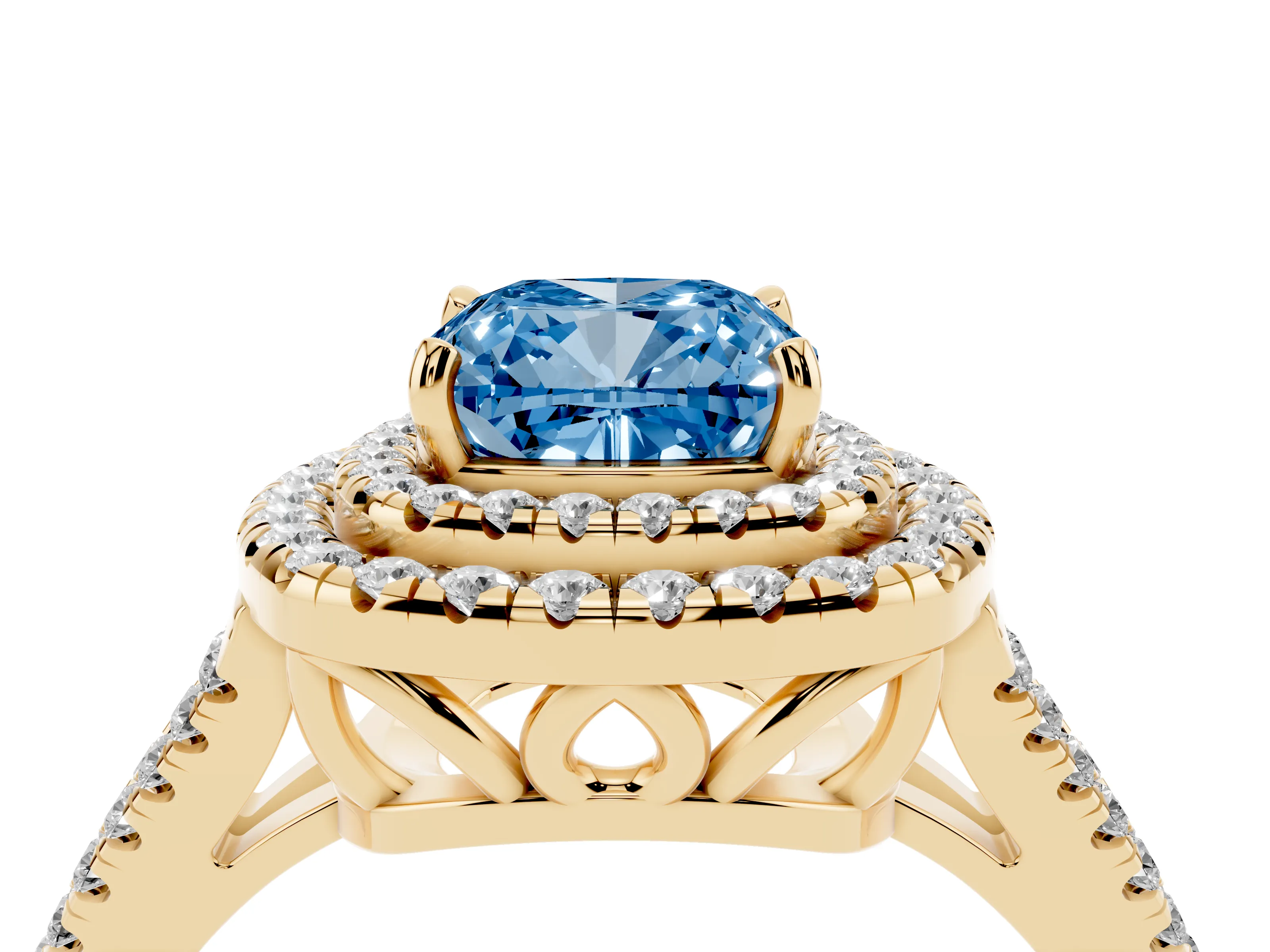 Fancy Blue Cushion Cut Diamond Double Halo Ring Set in Yellow gold with Pavé Band