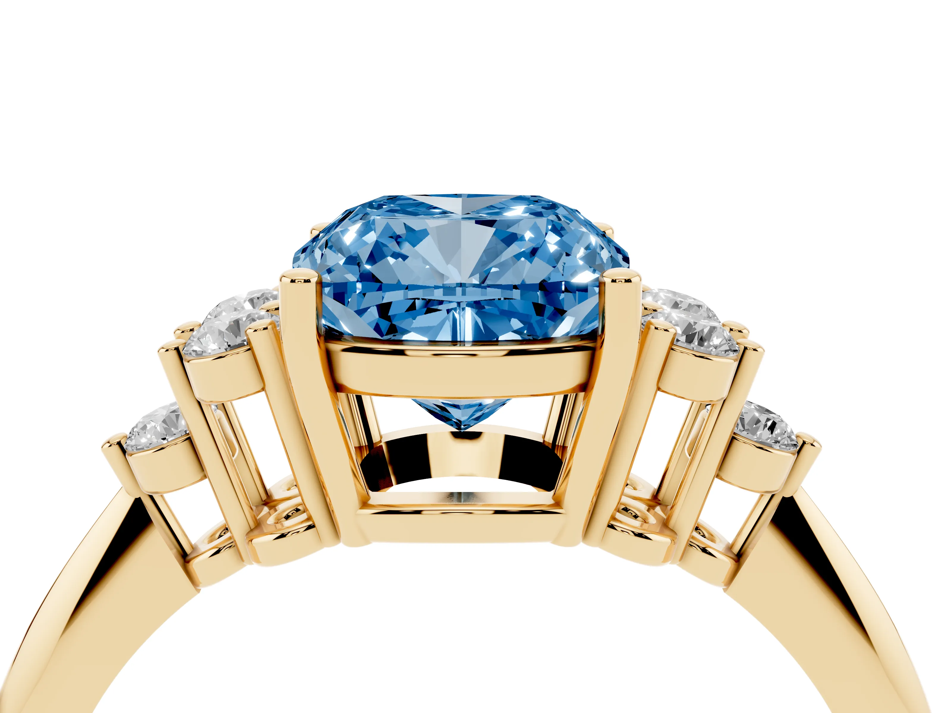 Fancy Blue Cushion Cut Diamond Cluster Ring Set in Yellow gold with Plain Band and Prong Setting