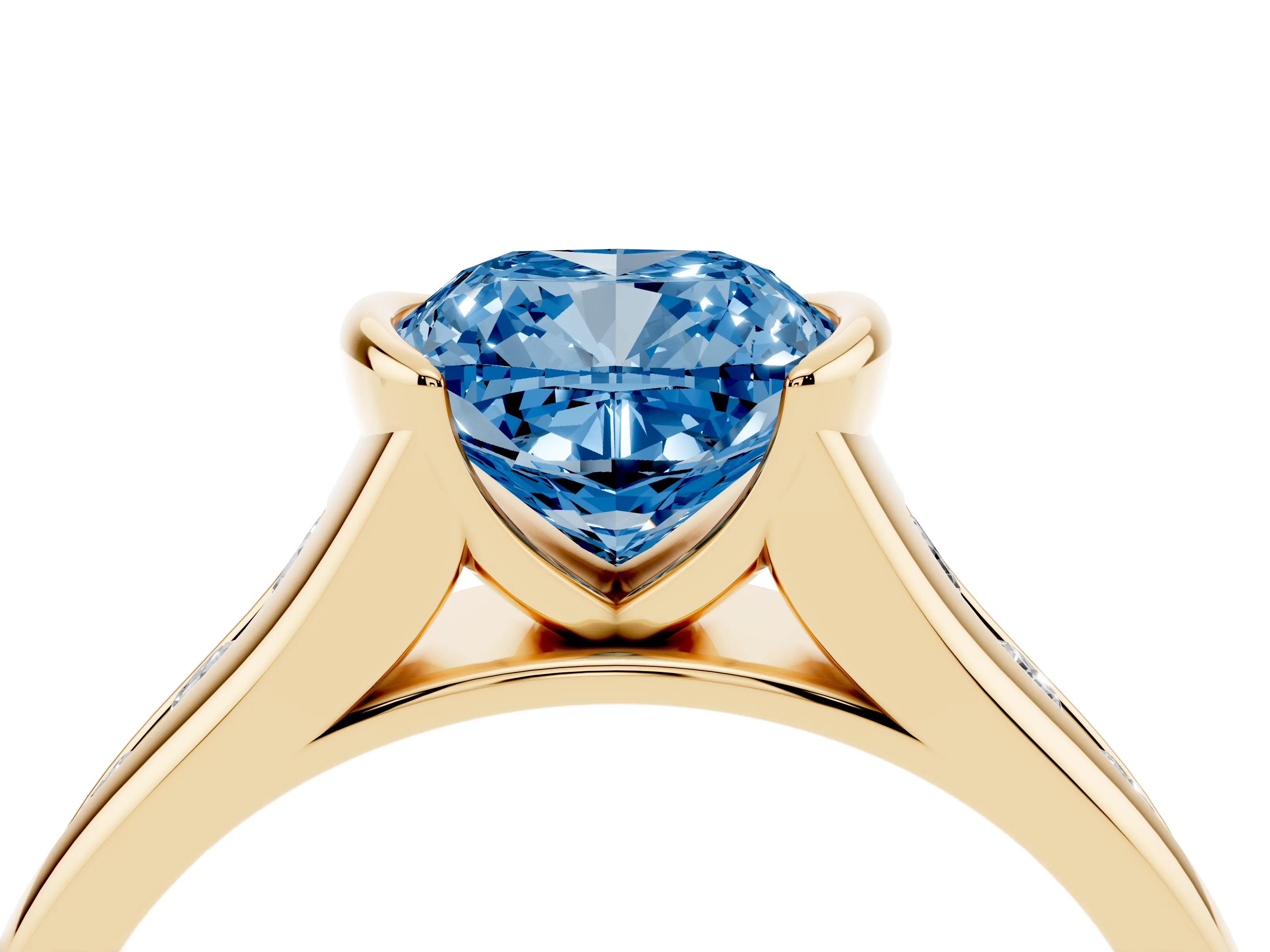 Fancy Blue Cushion Cut Diamond Bezel-Set Solitaire Ring Set in Yellow gold with Channel-Set Band