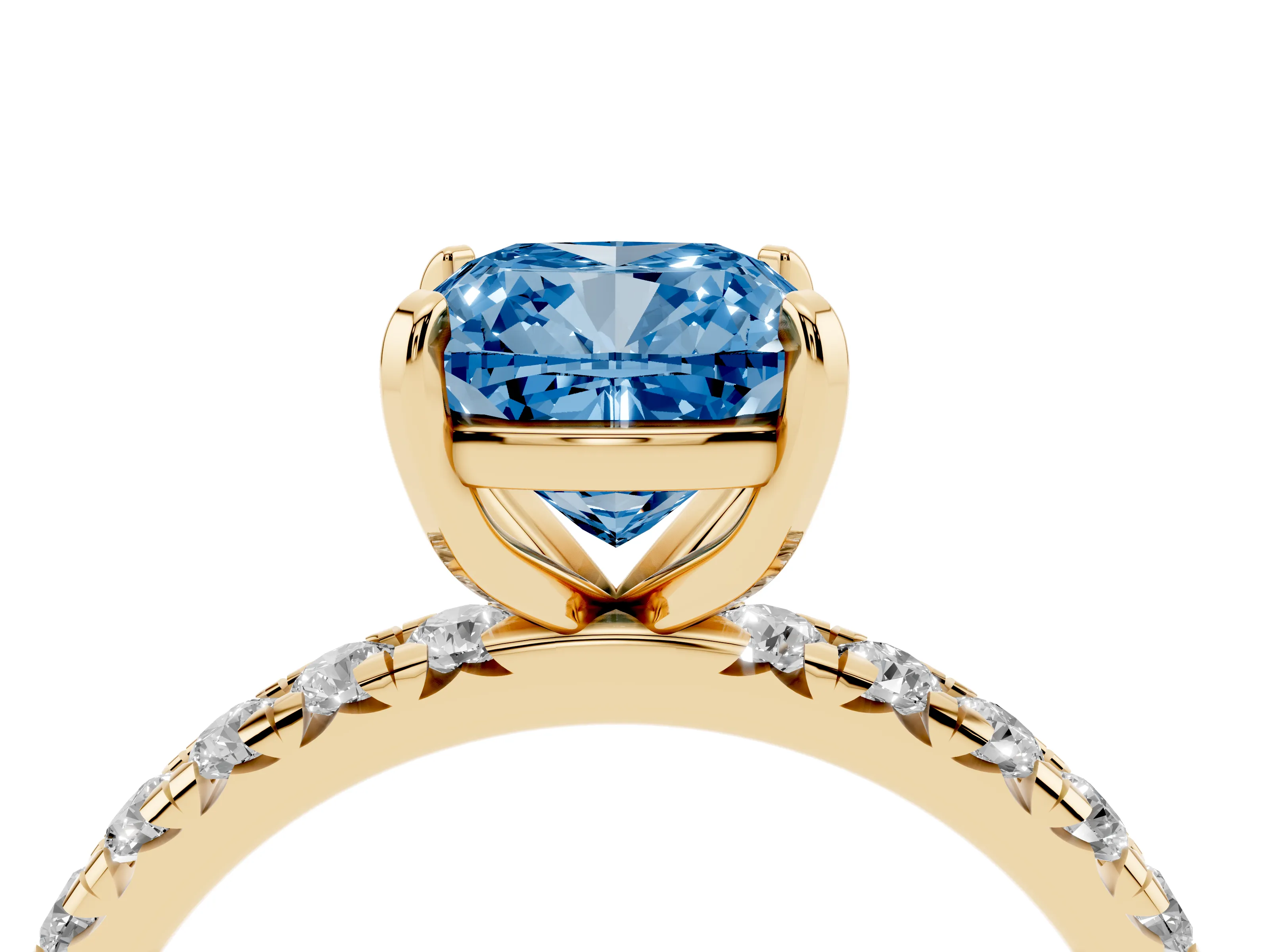 Fancy Blue Cushion Cut Diamond Pavé Solitaire Ring Set in Yellow gold with Round Band and Prong Setting