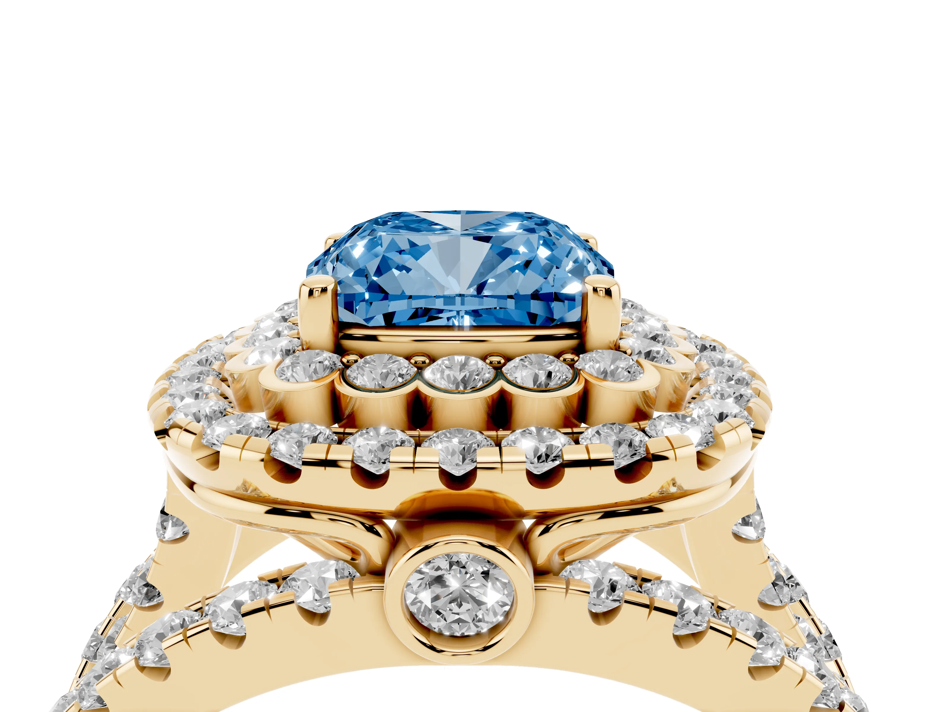 Fancy Blue Cushion Cut Diamond Double Halo Ring Set in Yellow gold with Round Pavé Split Shank
