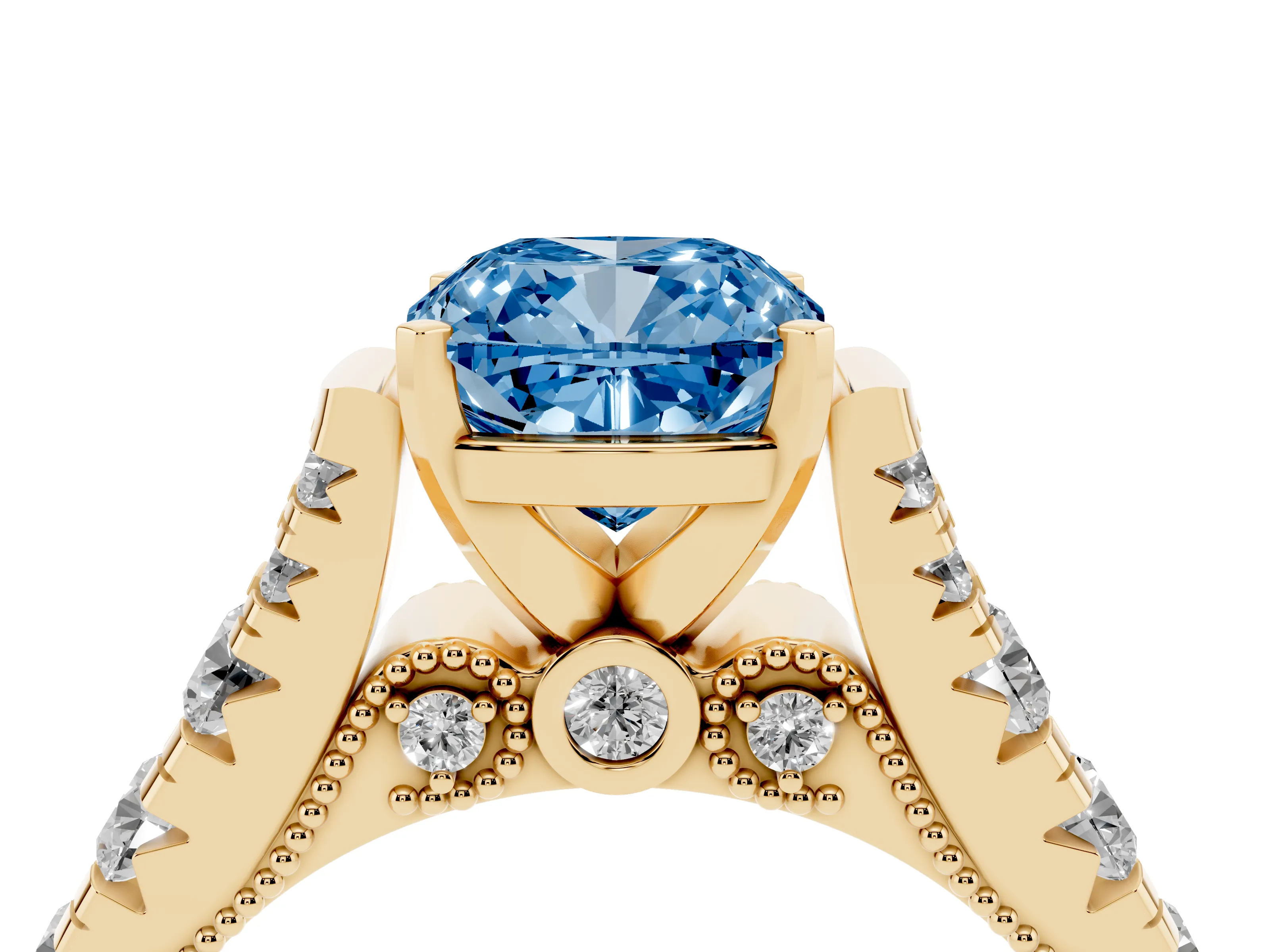 Fancy Blue Cushion Cut Diamond Classic Solitaire Ring Set in Yellow gold with Pavé Band and Prong Setting