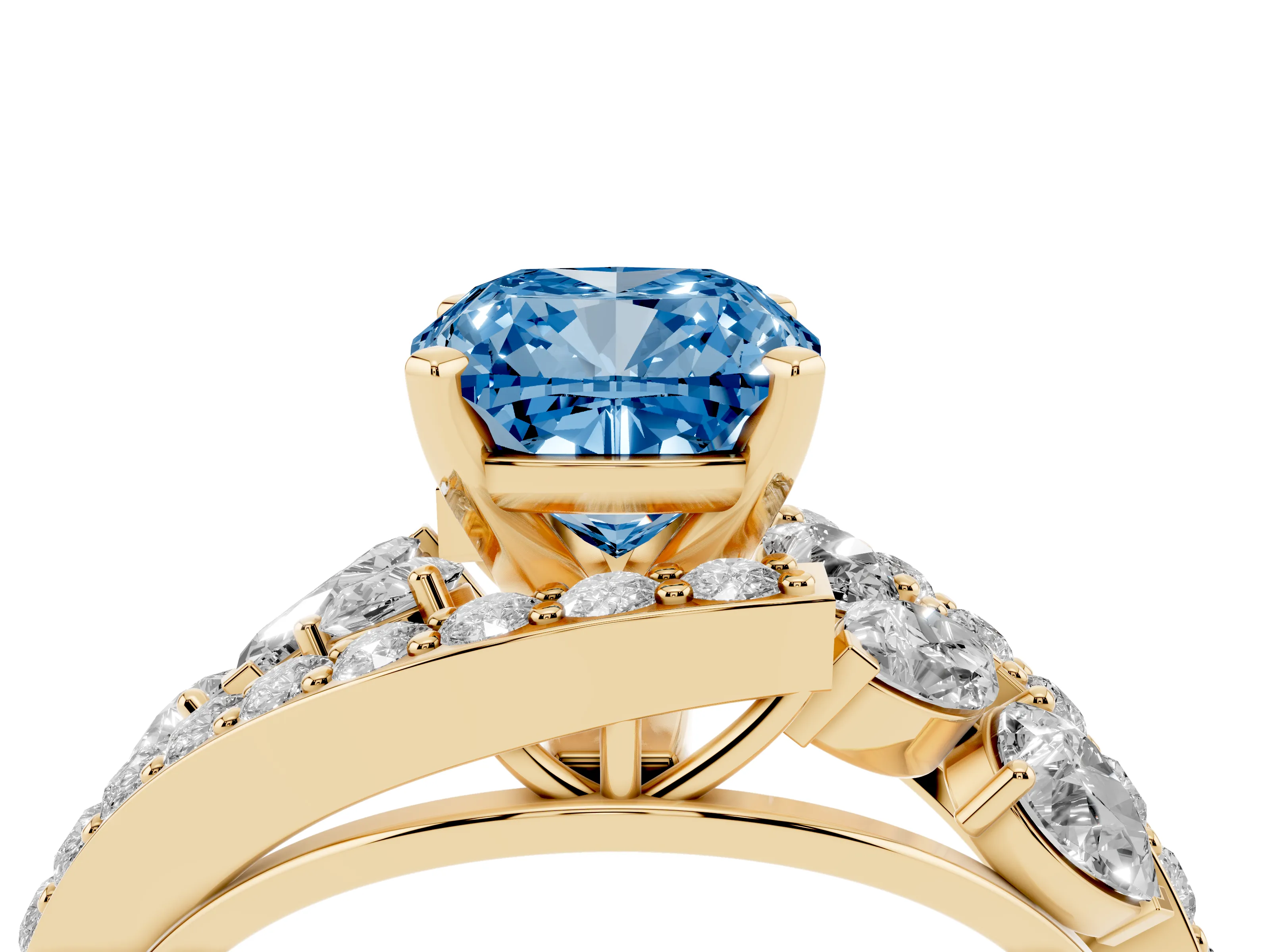 Fancy Blue Cushion Cut Diamond Halo Ring Set in Yellow gold with Marquise and Pavé Band in Prong Setting