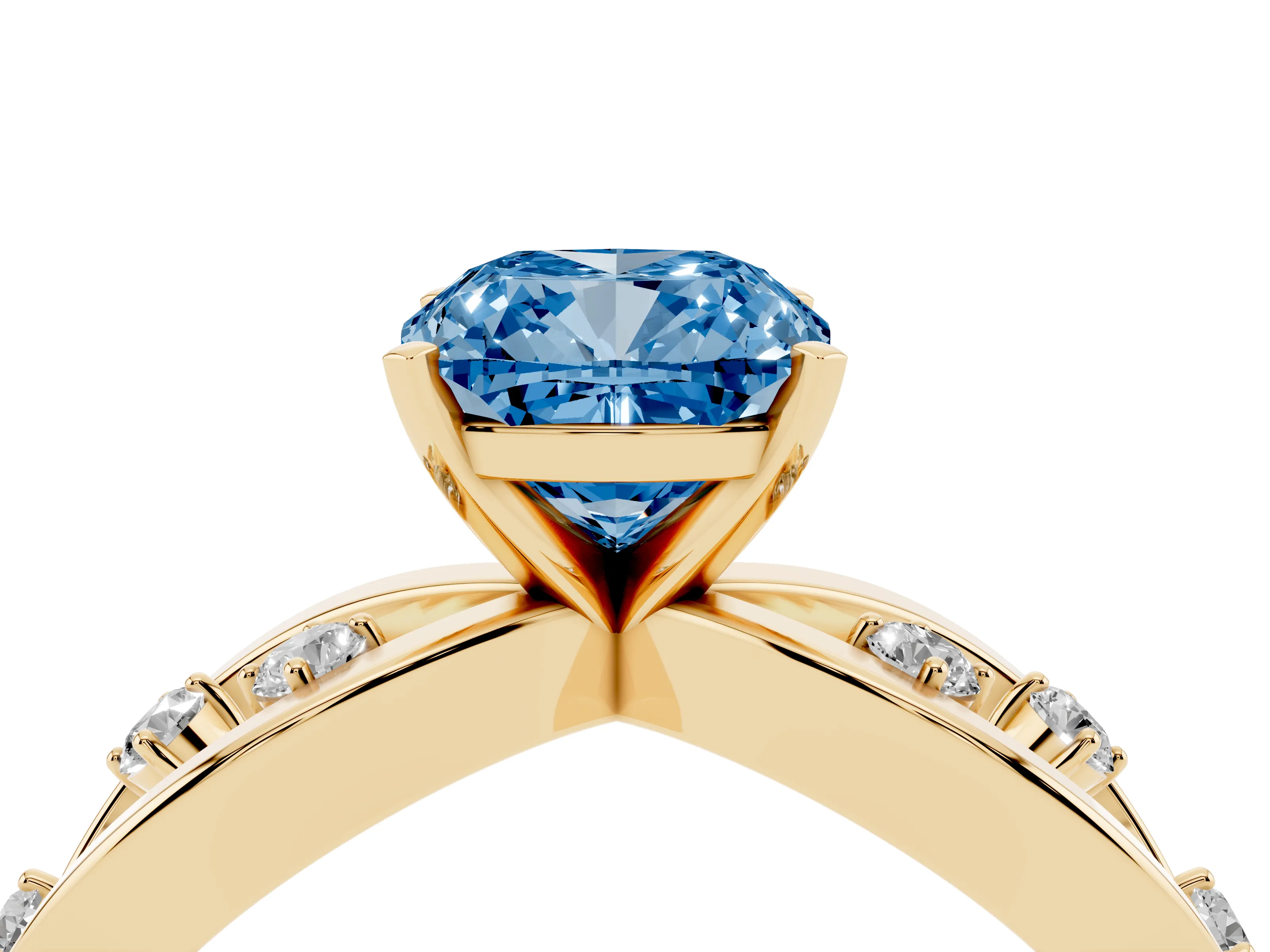 Fancy Blue Cushion Cut Diamond Solitaire Ring Set in Yellow gold with Side Stones on Criss-Cross Band and Prong Setting