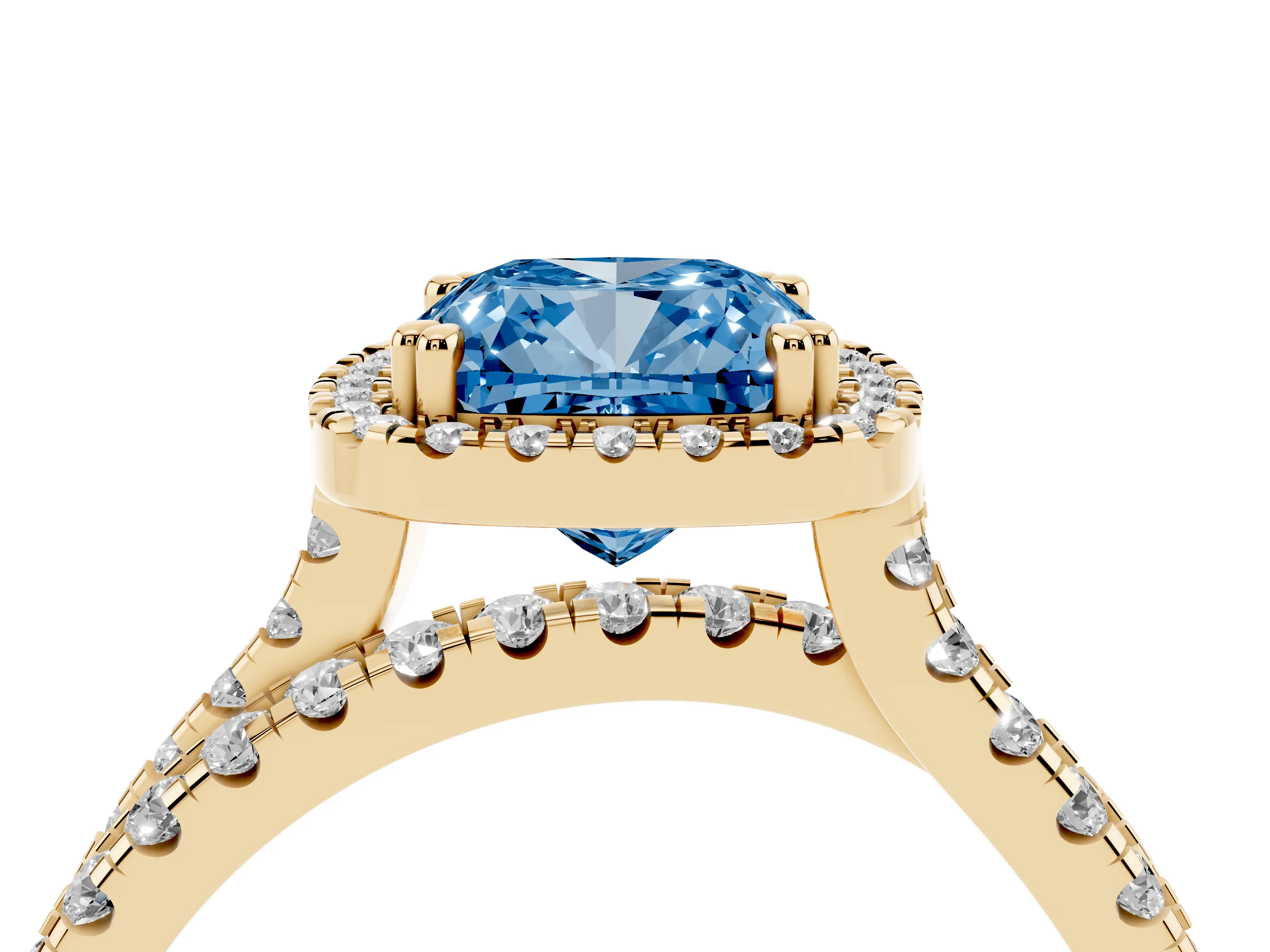Fancy Blue Cushion Cut Diamond Halo Split Shank Ring Set in Yellow gold with Pavé Setting