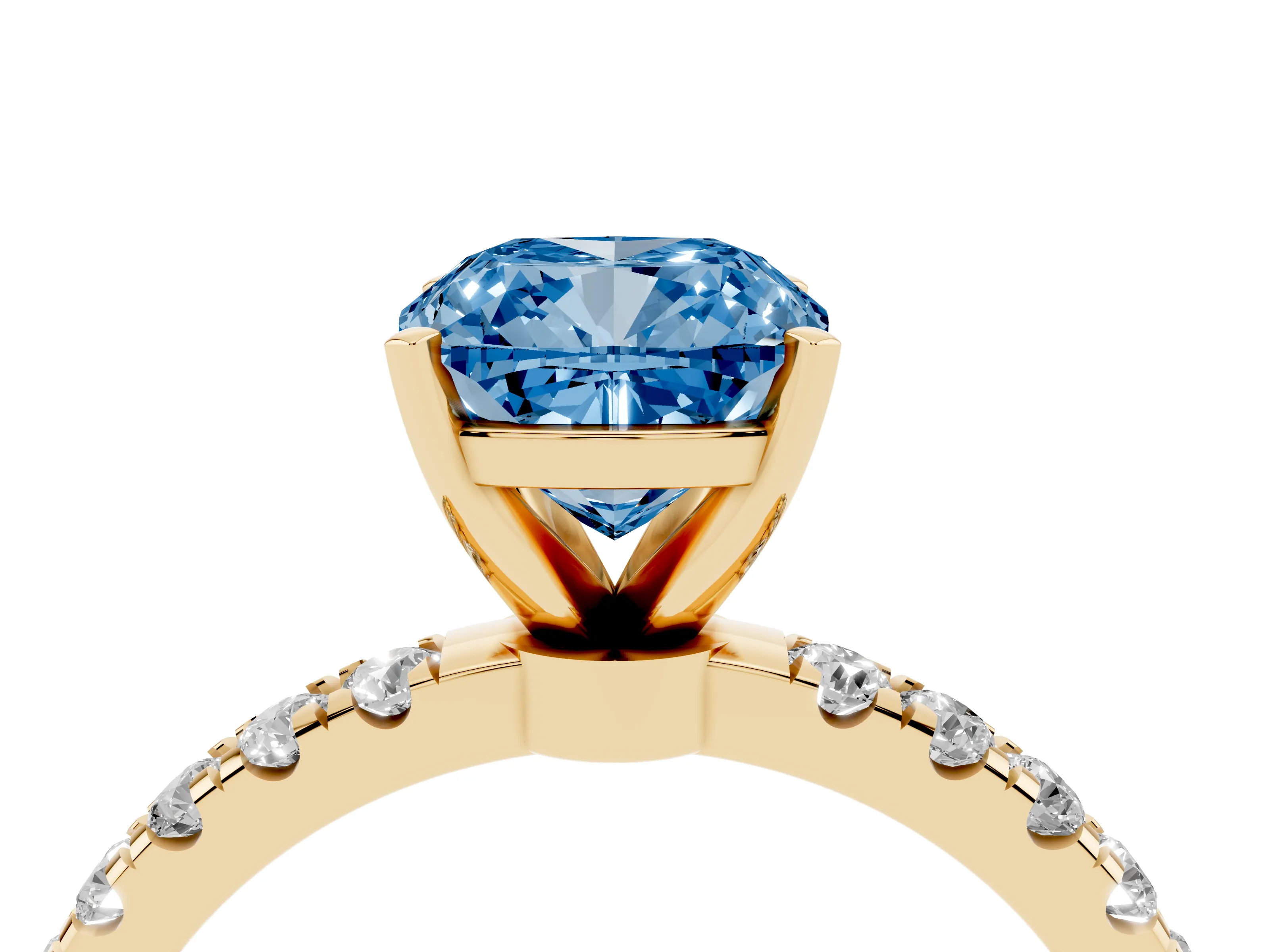 Fancy Blue Cushion Cut Diamond Solitaire Ring Set in Yellow gold with Pavé Accents and Prong Setting