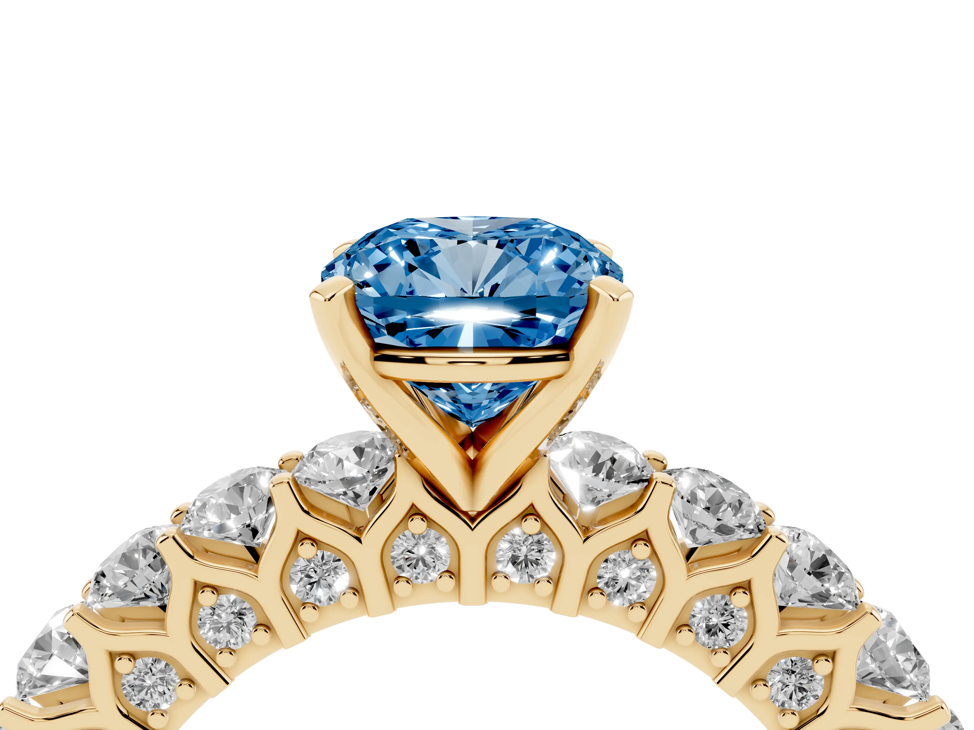 Fancy Blue Cushion Cut Diamond Solitaire Ring Set in Yellow gold with Shared Prong Pavé Band
