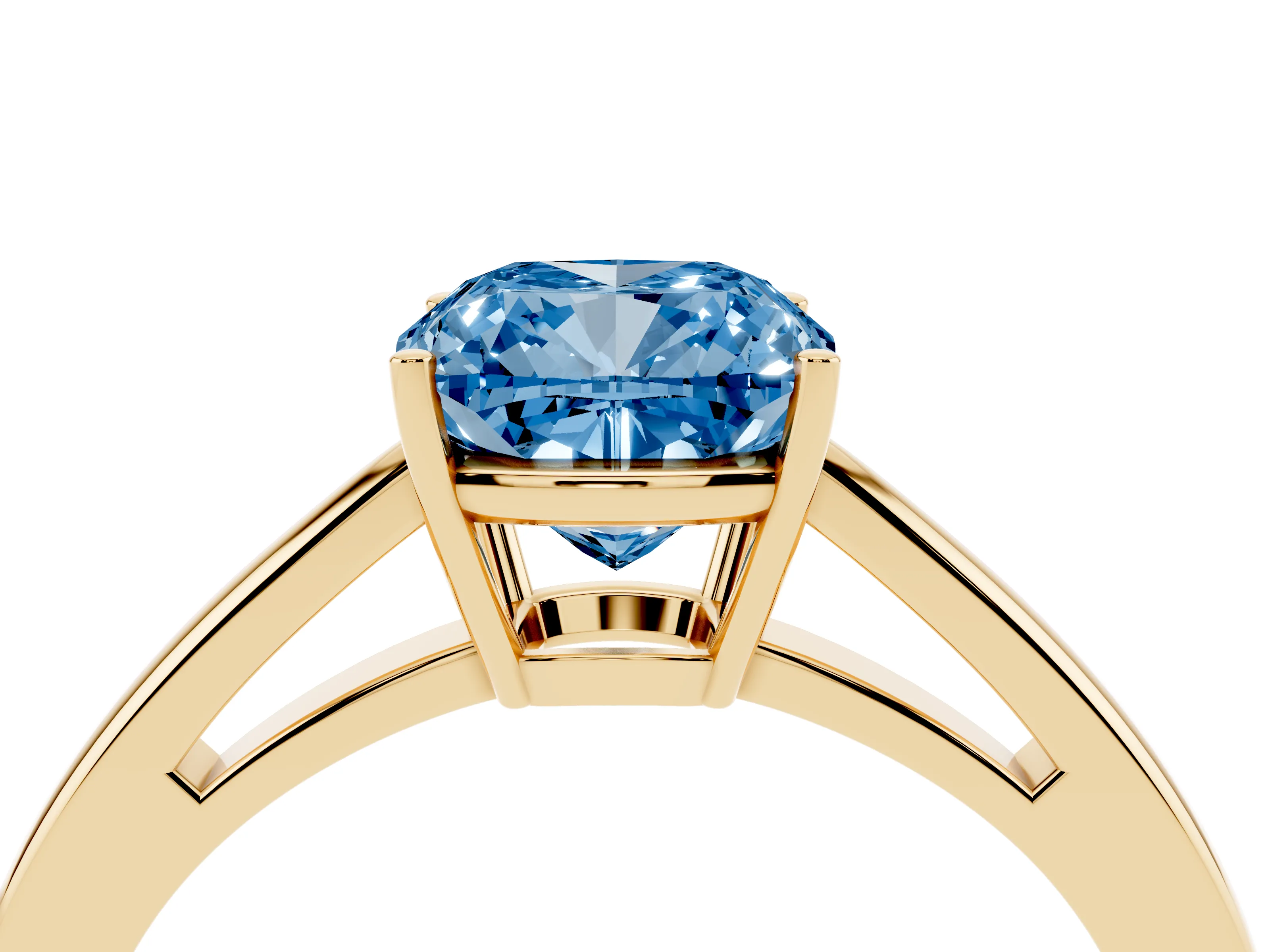 Fancy Blue Cushion Cut Diamond Solitaire Ring Set in Yellow gold with Split Shank and Prong Setting