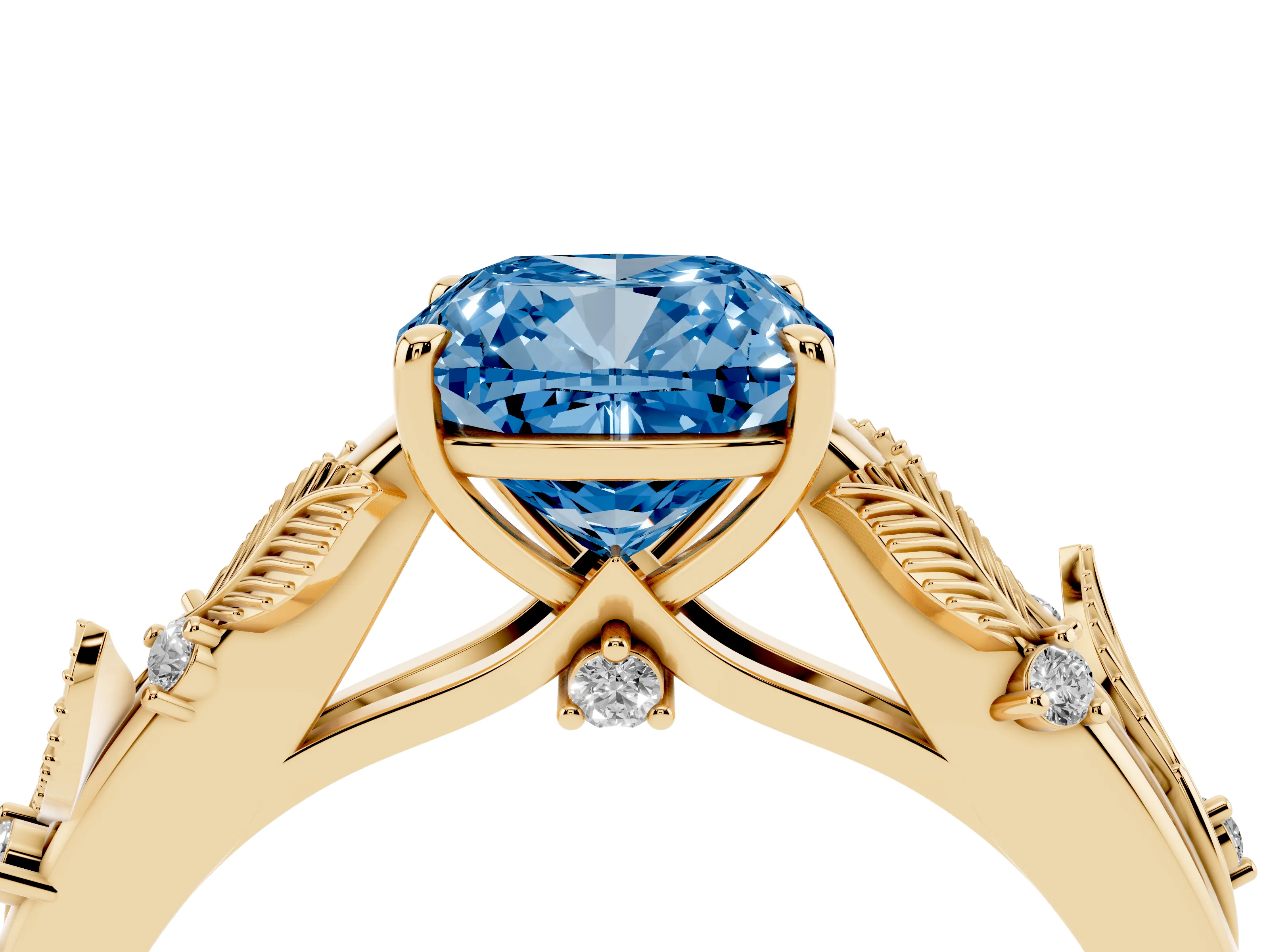 Fancy Blue Cushion Cut Diamond Solitaire Ring Set in Yellow gold with Leaf Motif Band