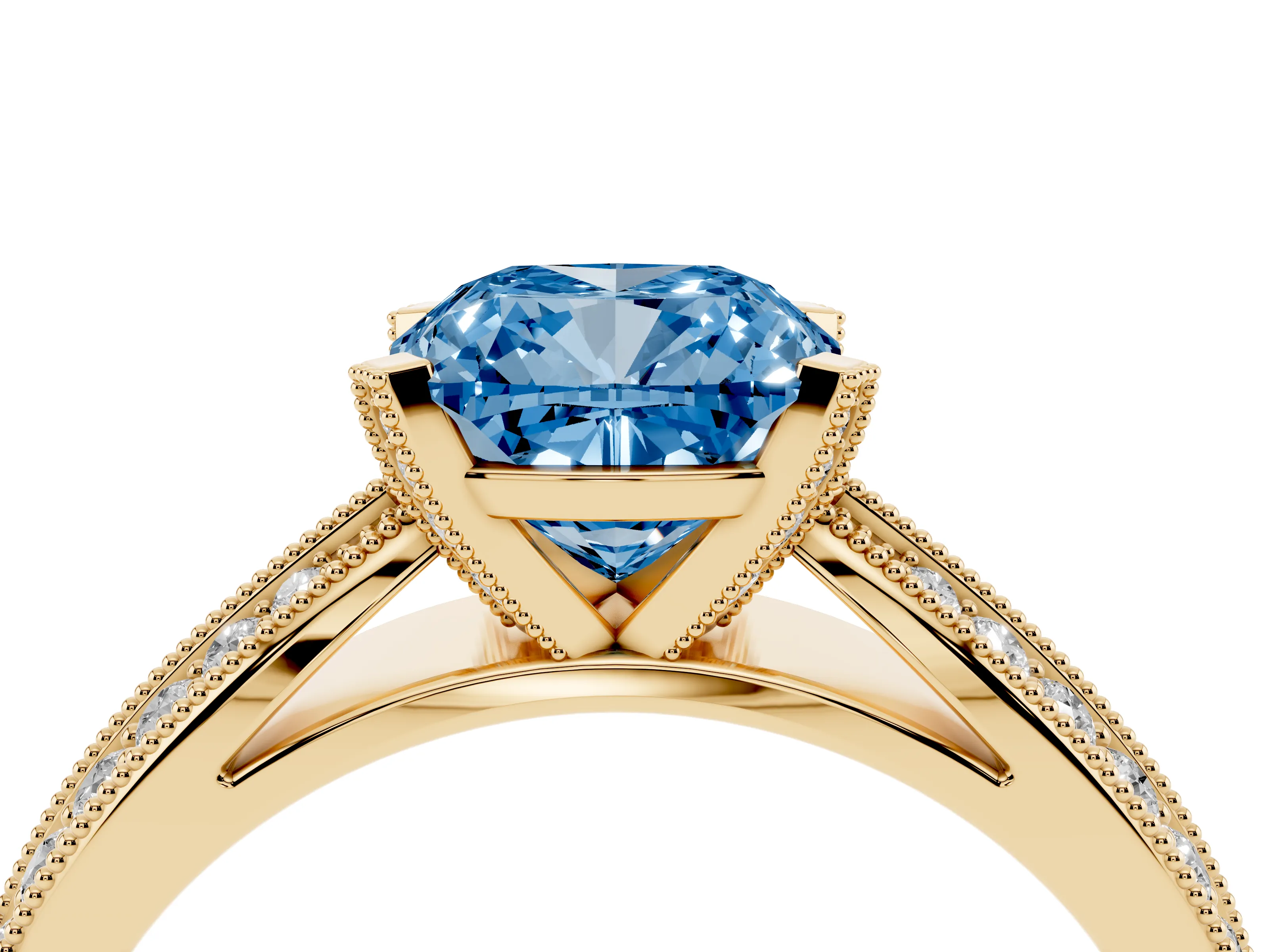 Fancy Blue Cushion Cut Diamond Solitaire Ring Set in Yellow gold with Milgrain Double Row Round Pavé Band